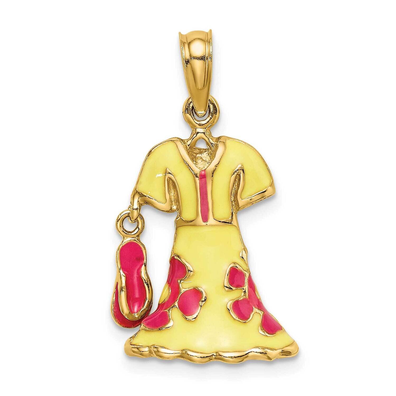 Moveable Enamel Yellow Fuschia Dress with Flip-Flop Charm 14k Gold 3-D K7041