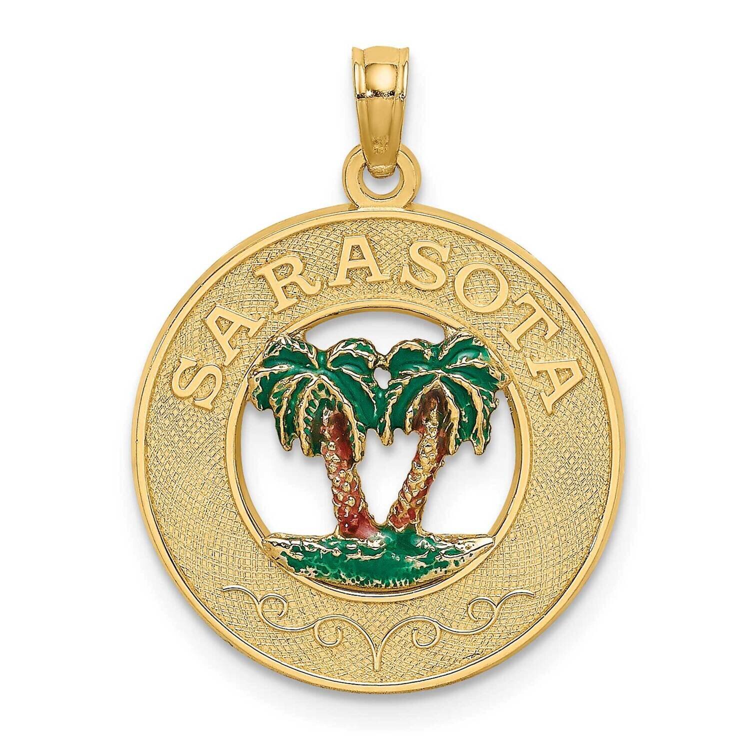 Sarasota Round Frame with Green Double Palm Tree Charm 14k Gold K7085