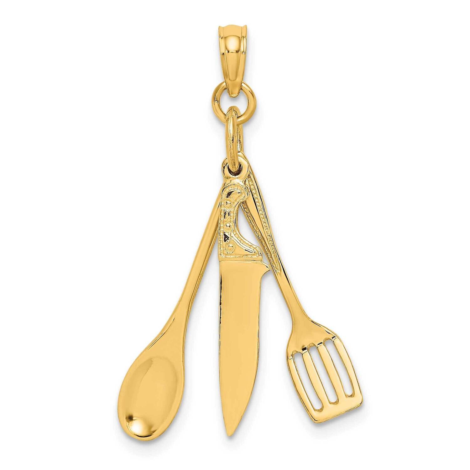 Moveable Spatula Spoon Knife Charm 14k Gold 3-D K7352