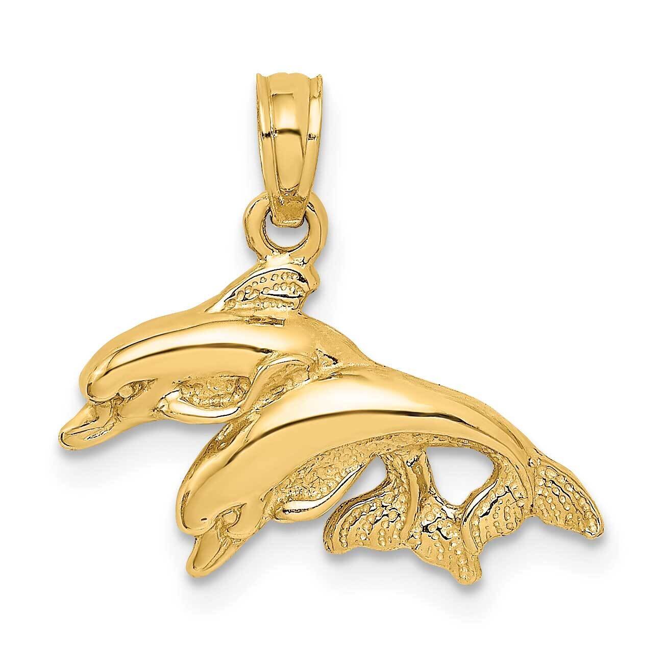 Polished Double Dolphins Jumping Left Charm 14k Gold 2-D K7725