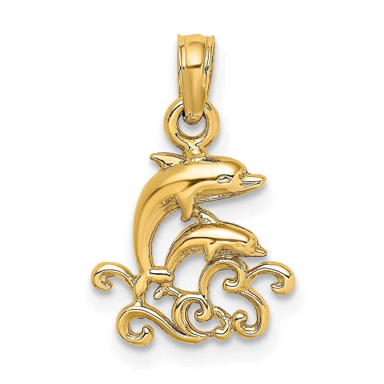 Mini Double Dolphins Waves Charm 14k Gold Textured K7768, MPN: K7768, 637218150779