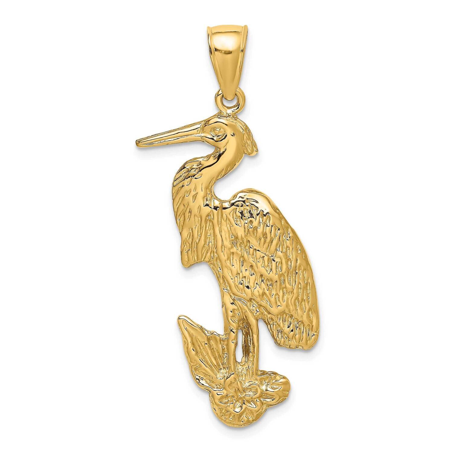 Textured Egret Bird Standing Charm 14k Gold 2-D K7868