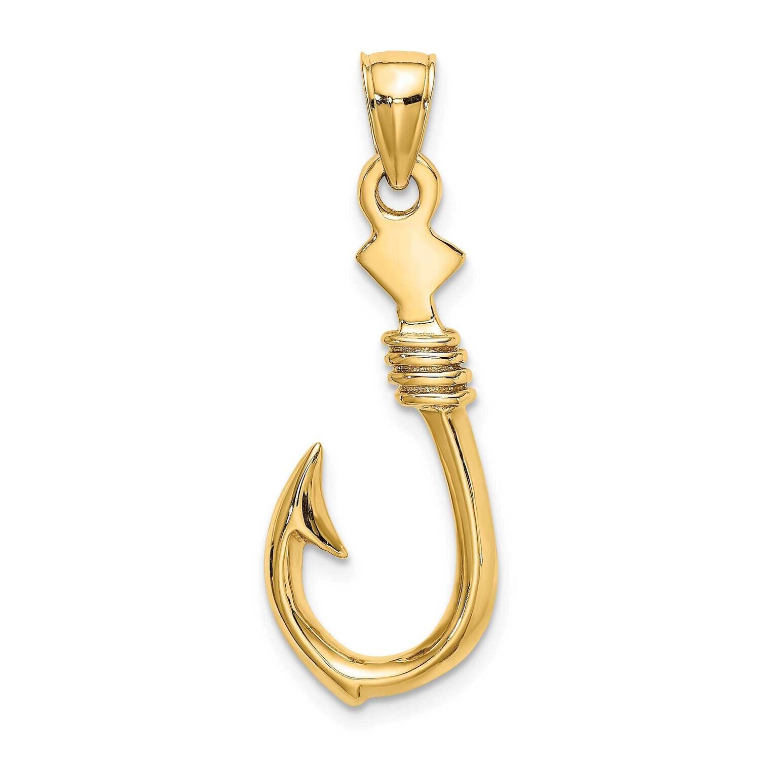 Large Fish Hook with Rope Charm 14k Gold 3-D K7885