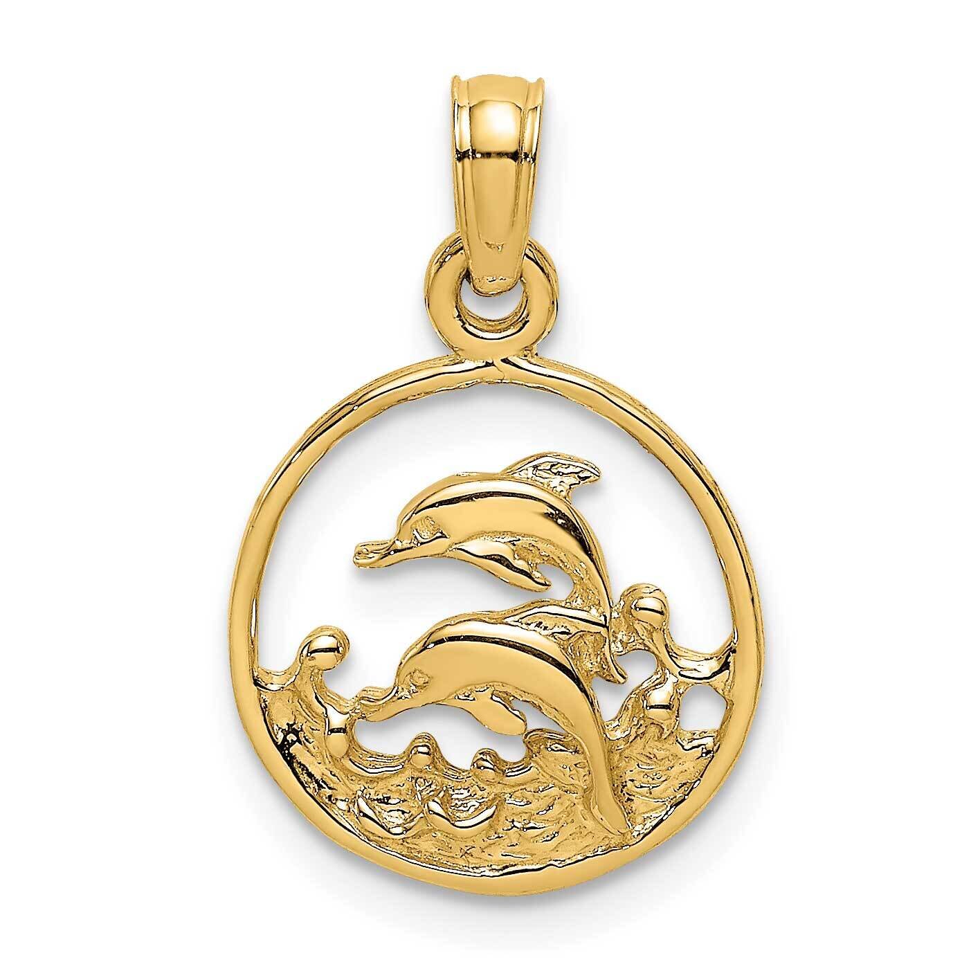 Two Dolphins In Circle Charm 14k Gold K8055