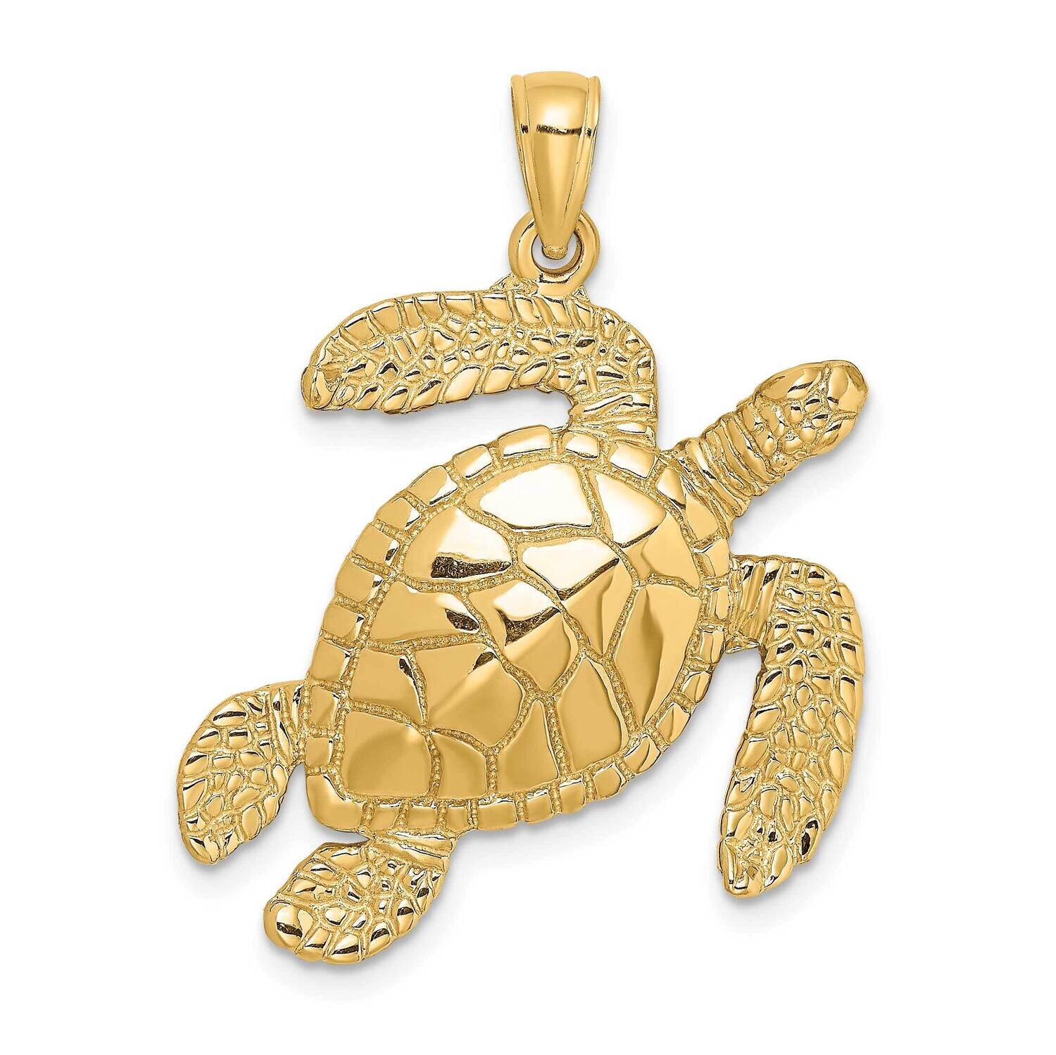 Large Textured Swimming Sea Turtle Charm 14k Gold K8163