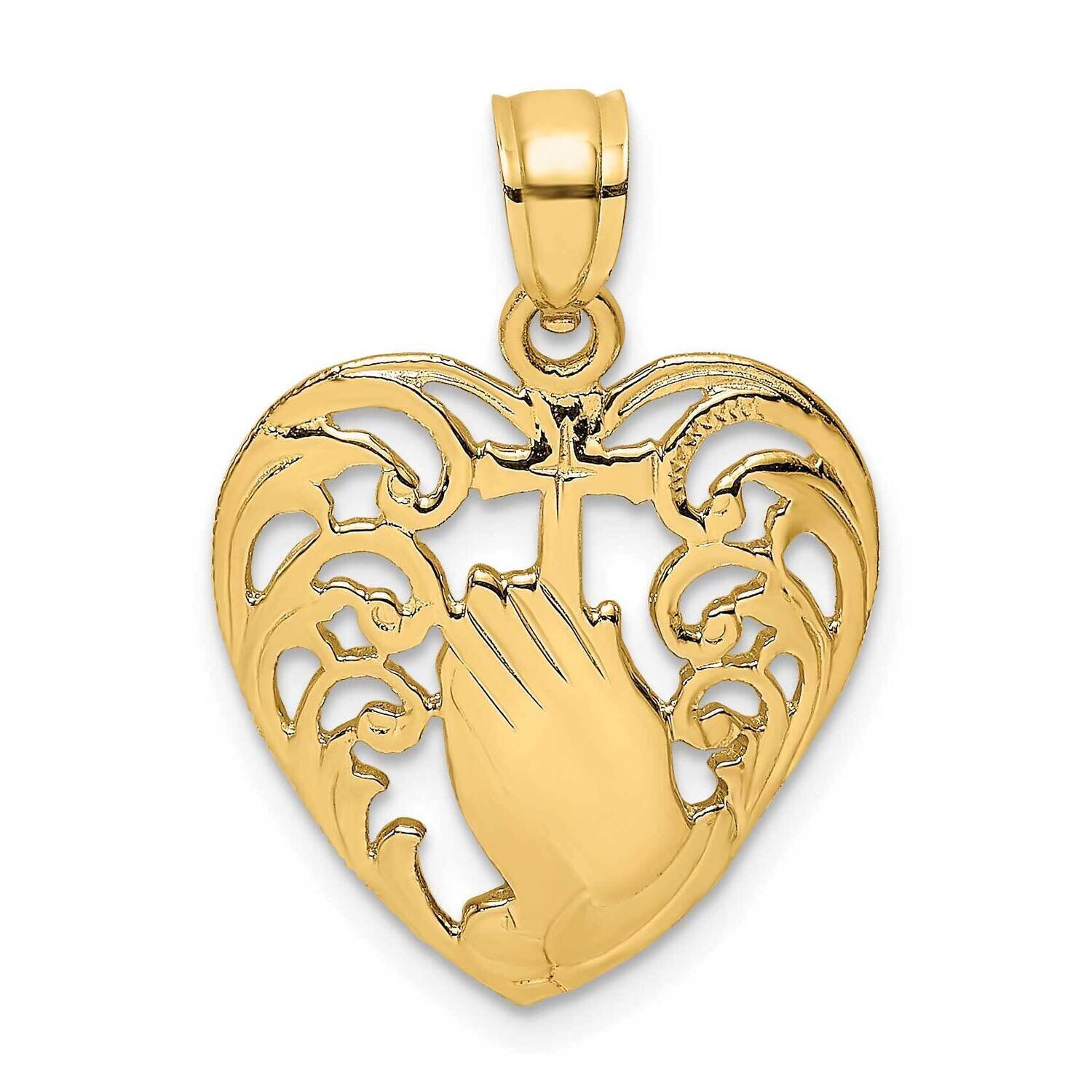 Polished Praying Hands Cross In Heart Charm 14k Gold 2-D K8413, MPN: K8413, 637218017300
