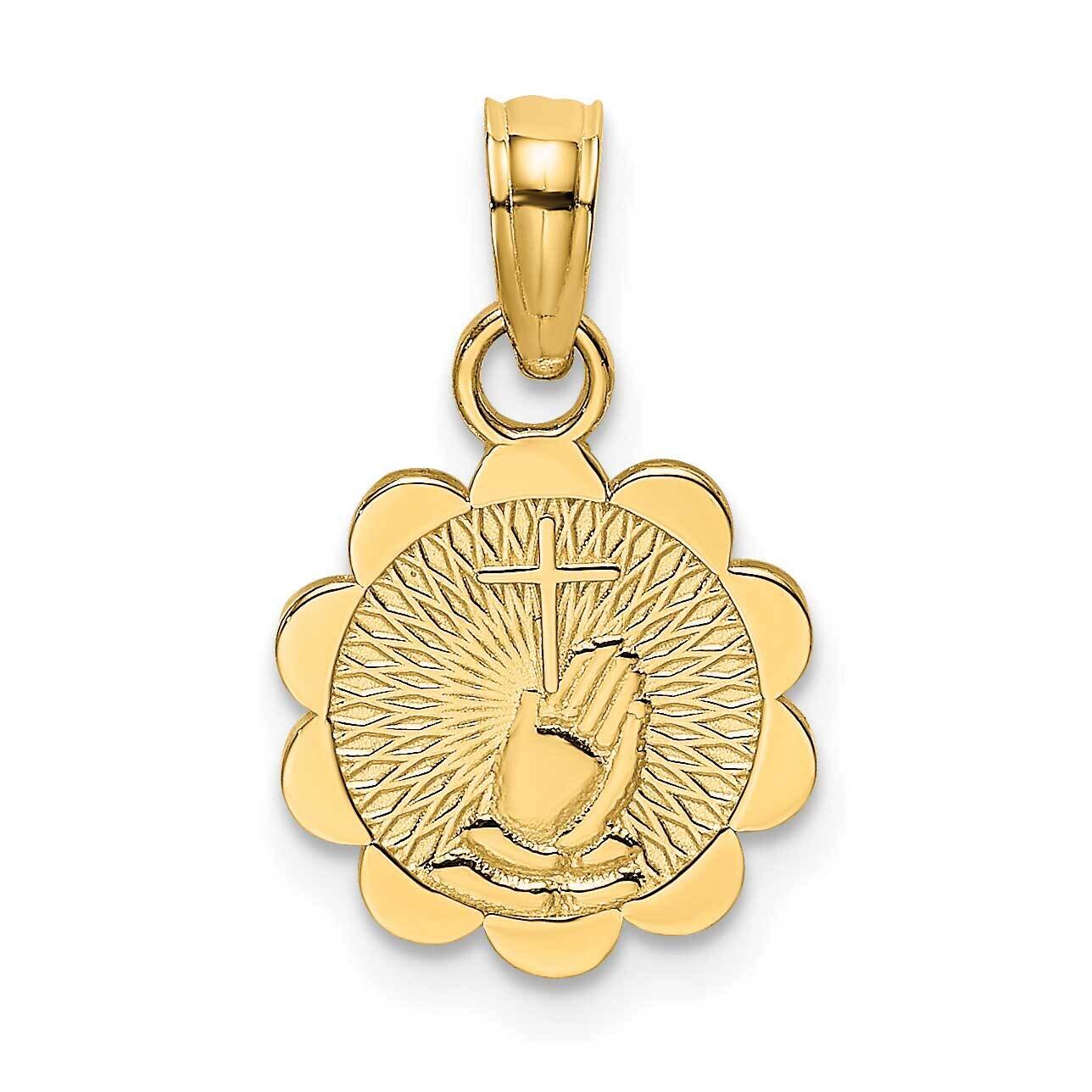 Praying Hands Cross On Scalloped Round Disk Charm 14k Gold K8436, MPN: K8436, 637218037254