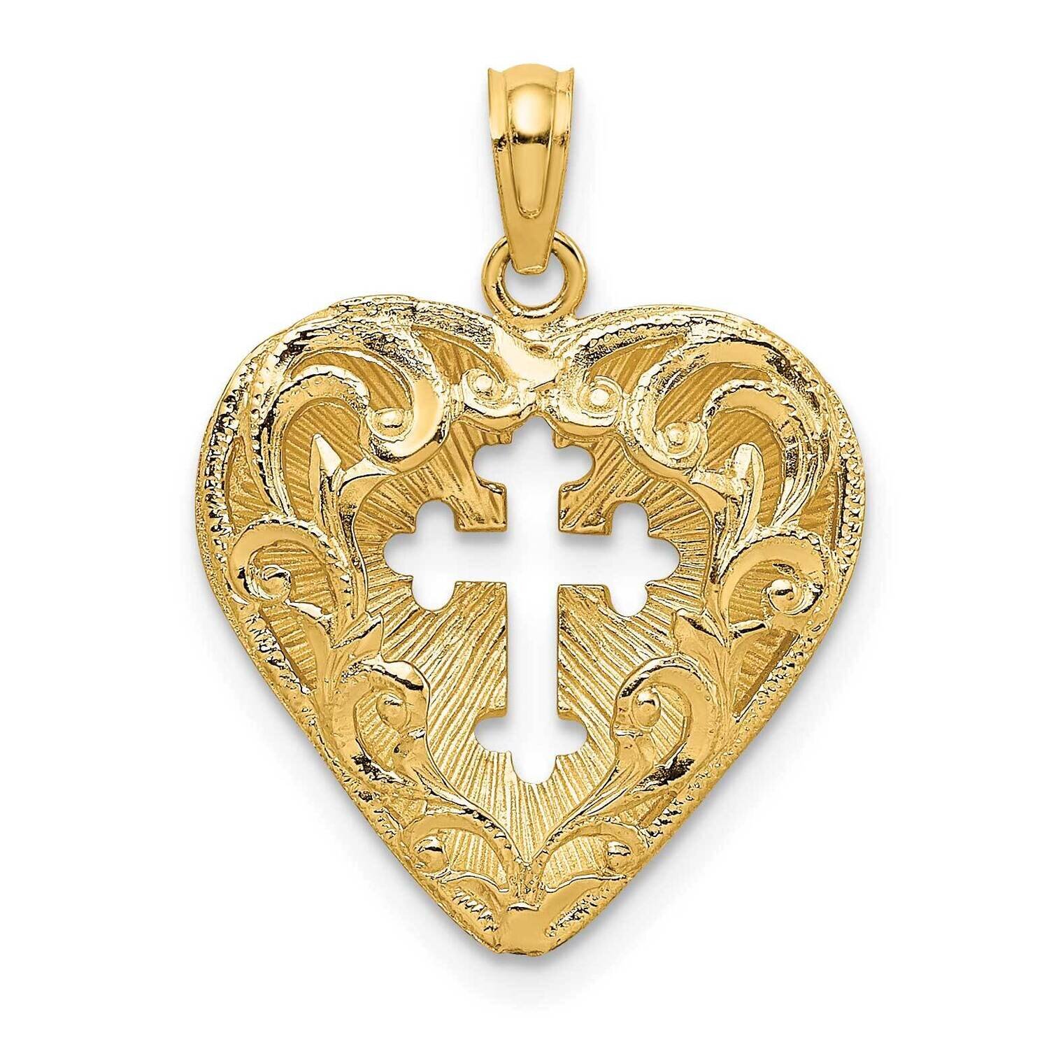 Cut-Out with Lace Cross In Heart (Reversible) Charm 14k Gold 3-D K8592