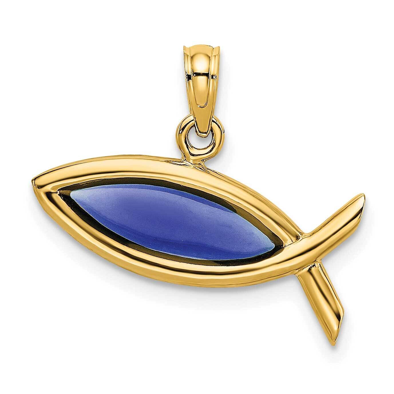 Horizontal Blued Stained Glass Ichthus Charm 14k Gold 2-D K8630