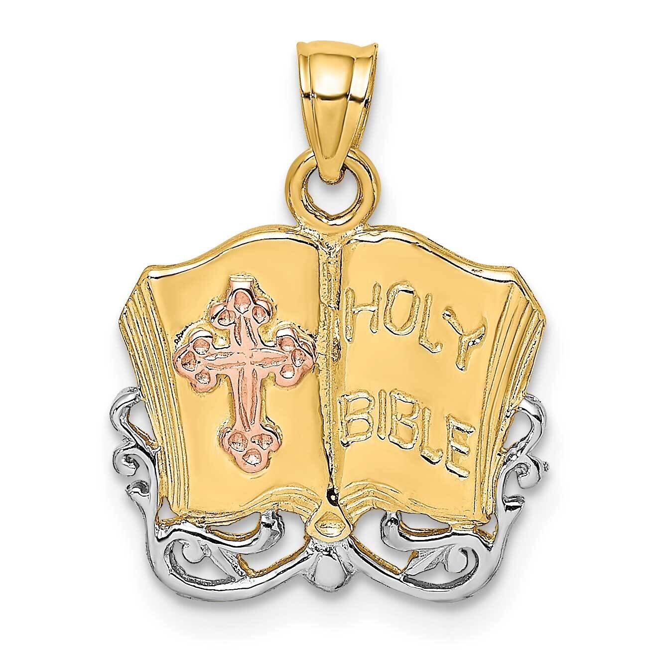 Rhodium-Plated Holy Bible Cross Charm 14k Rose & Yellow Gold K8998