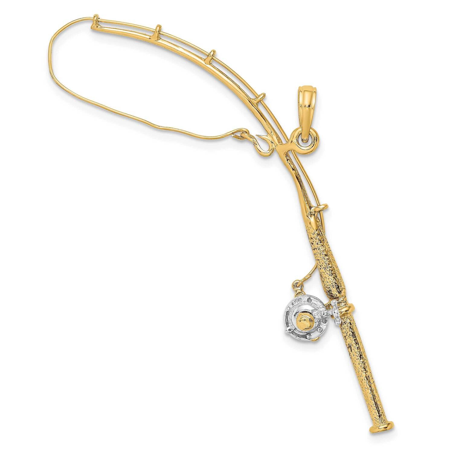 3-D Moveable Fishing Pole with Reel Charm 14k Gold Rhodium K9051