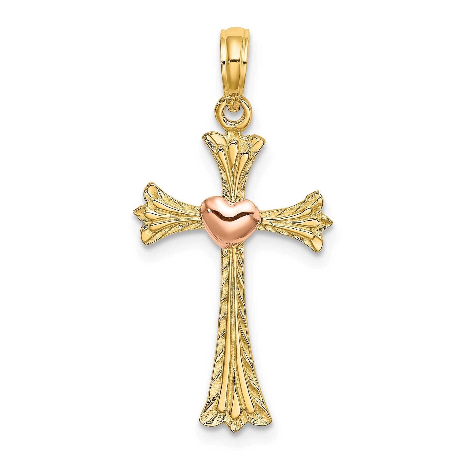 Textured Cross with Heart Charm 14k Two-tone Gold K9080