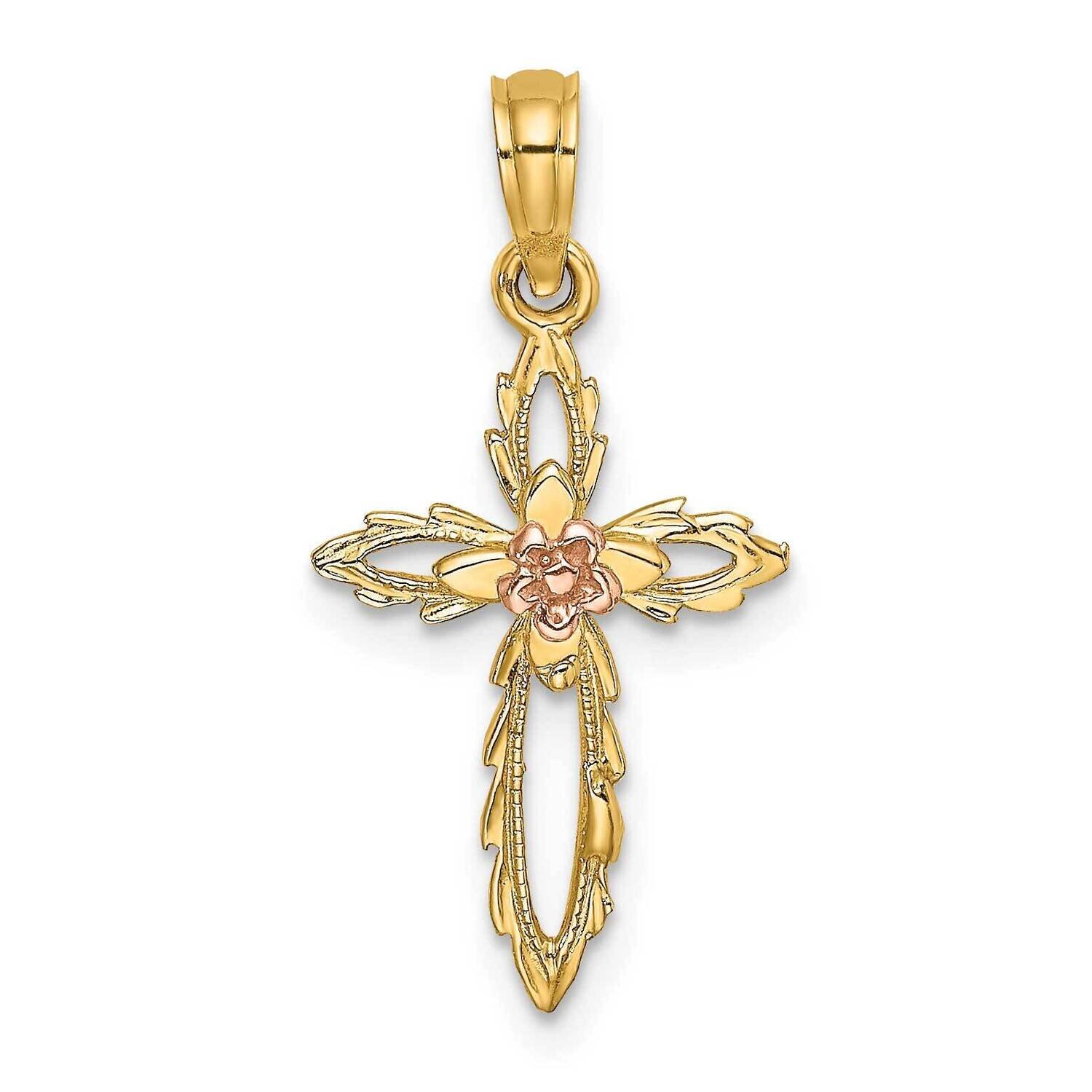 Cross with Cut-Out Flower Charm 14k Two-tone Gold K9085