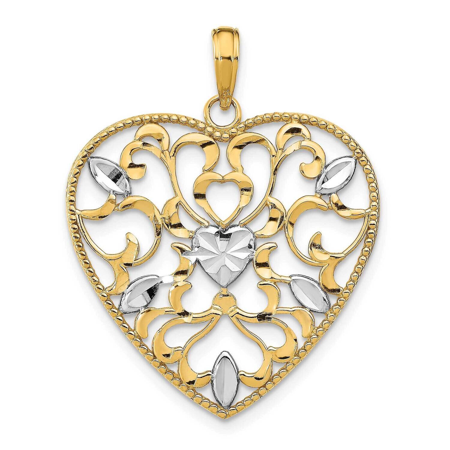 Filigree Leaf Accent Heart Charm 14k Gold Rhodium K9158, MPN: K9158, 637218161843