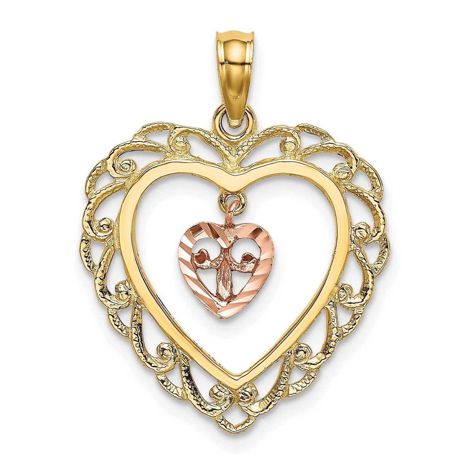 with Dangling Mini Heart In Center Heart Charm 14k Two-tone Gold Diamond-cut K9192