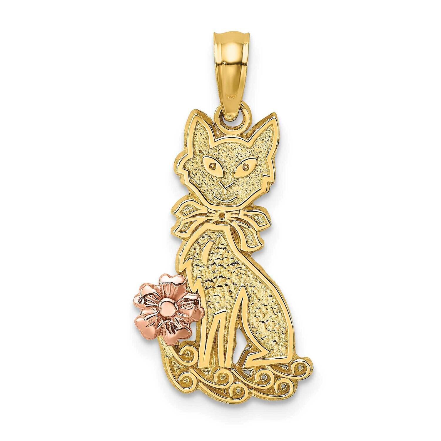 Sitting Cat with Bow Flower Charm 14k Two-tone Gold K9193