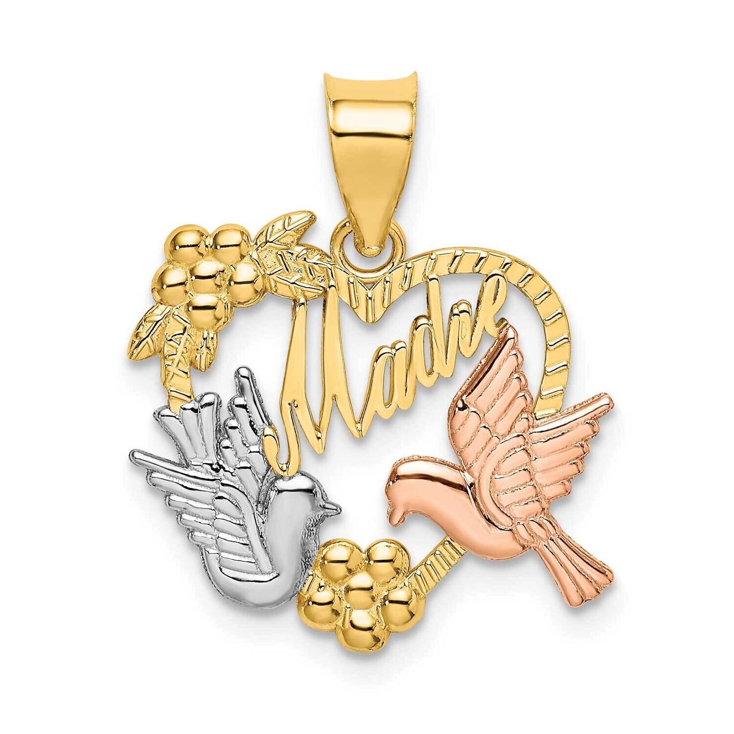 Rhodium Madre In Heart Doves Charm 14k Yellow &amp; Rose Gold K9200