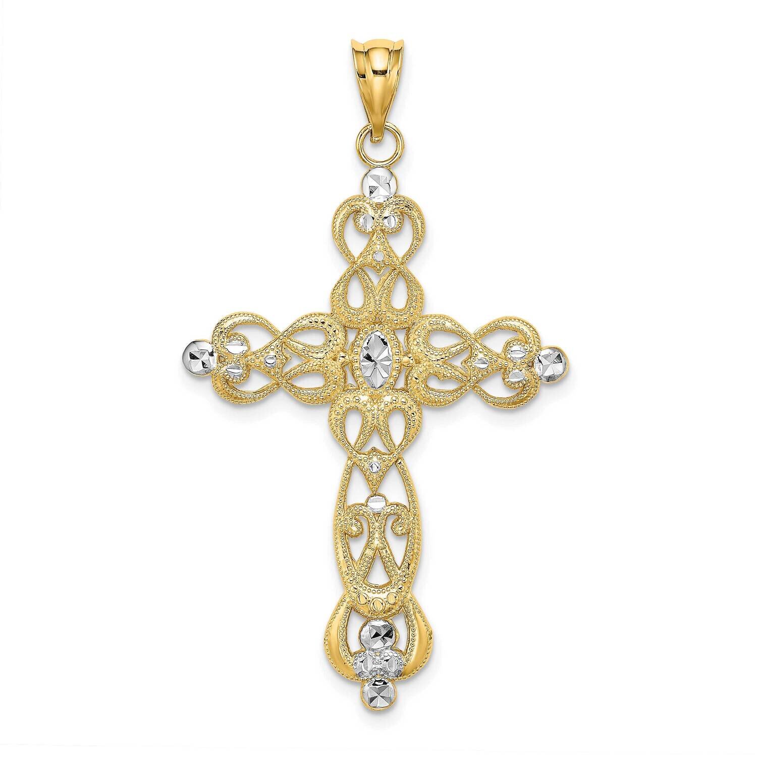 Scroll Design Cross Charm 14k Gold Rhodium Diamond-cut K9231, MPN: K9231, 637218085361