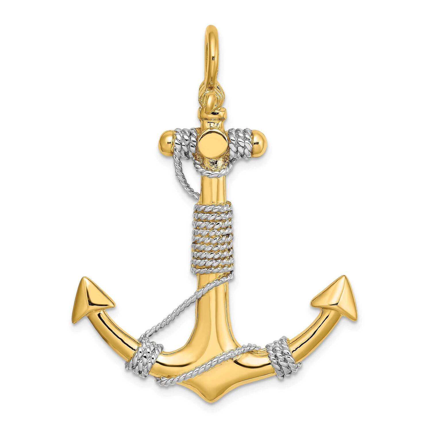 Large Anchor with White Wrapped Rope Charm 14k Gold 3-D K9254