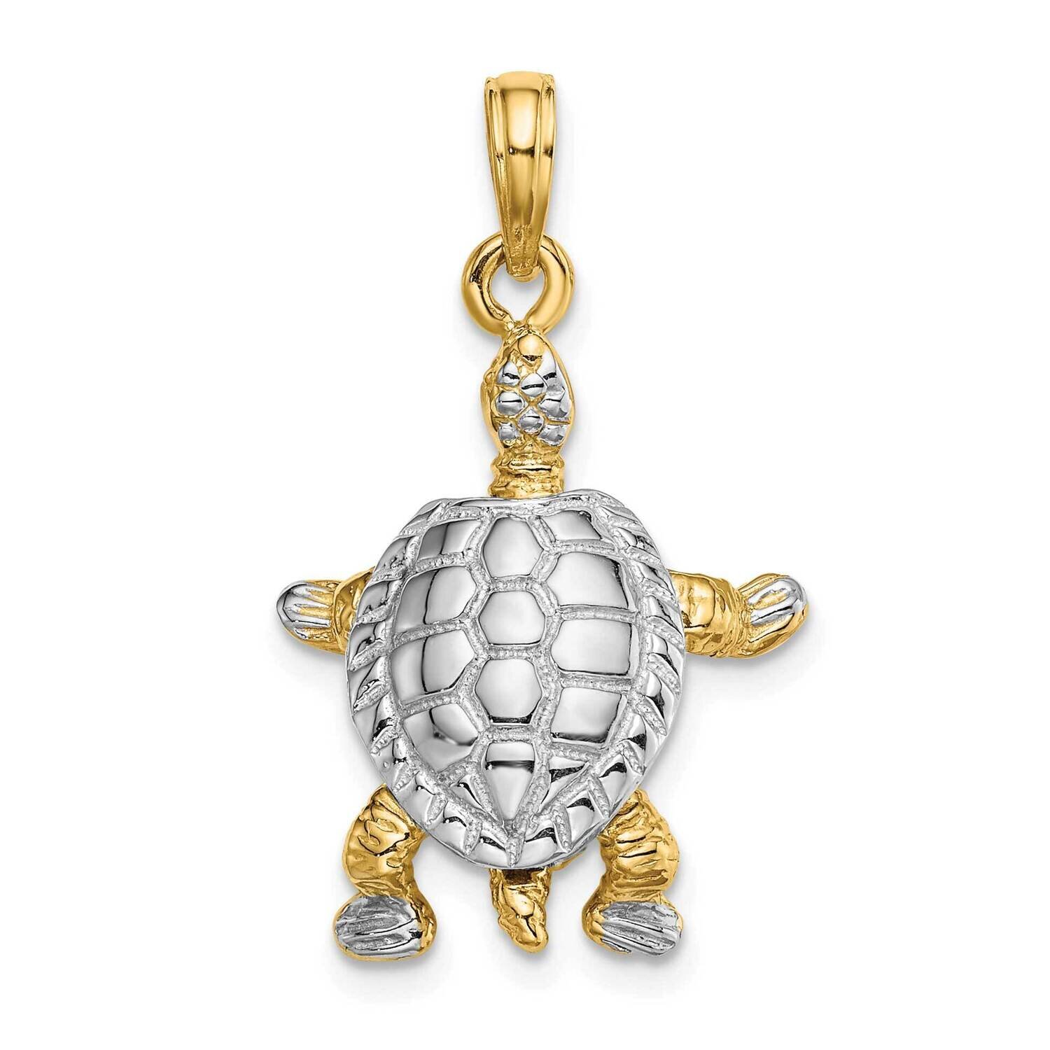 3-D Land Turtle with Moveable Head Charm 14k Gold Rhodium K9267