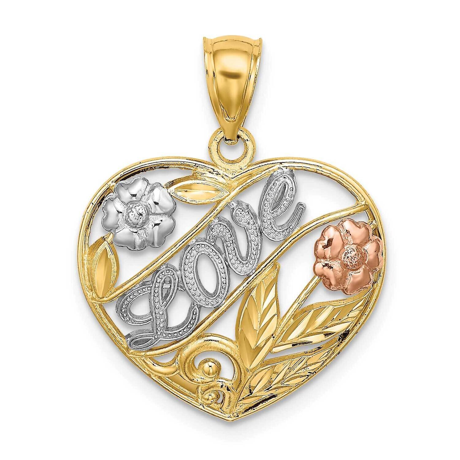 Heart with Love Flowers Charm 14k Tri-Color Gold K9275