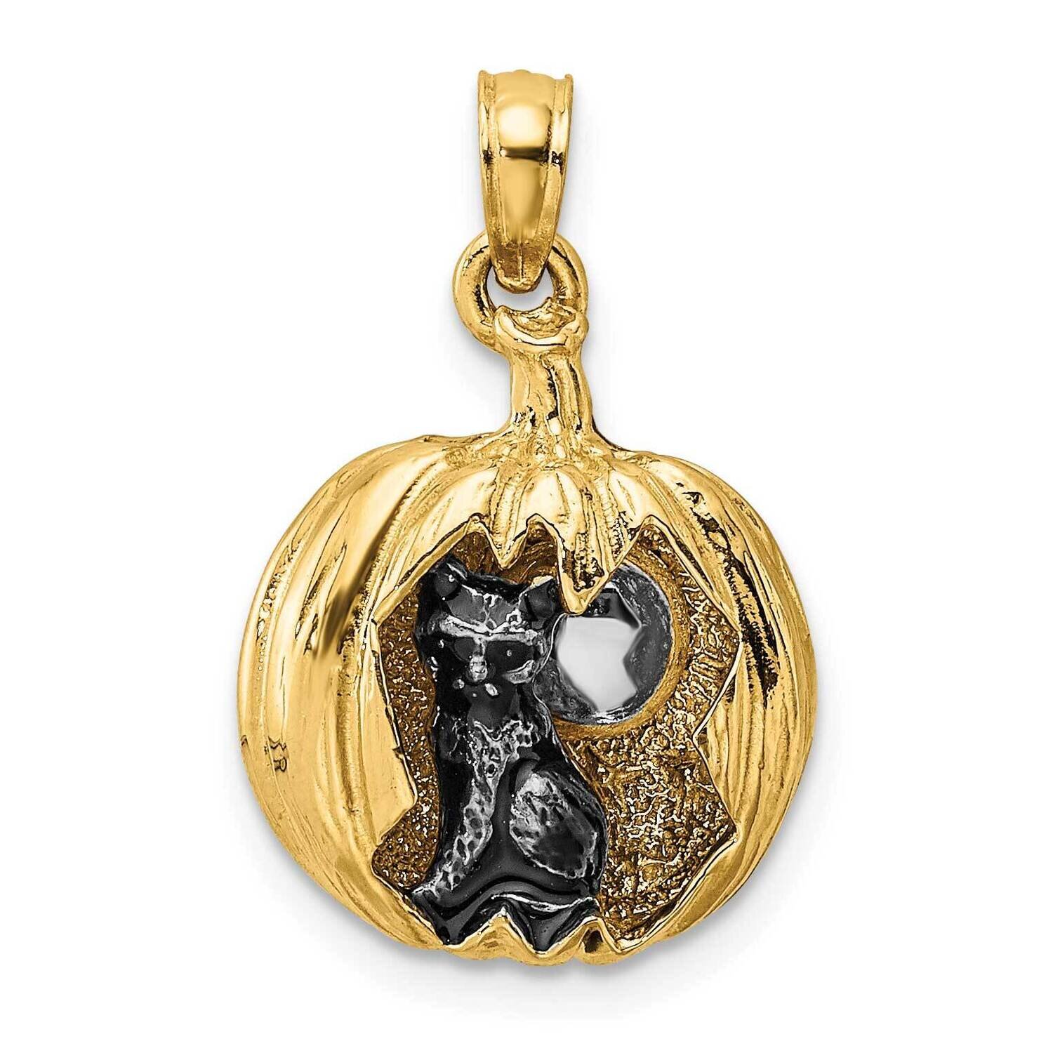 3-D Jack-O-Lantern with Enameled Black Cat Moon Charm 14k Gold Rhodium K9289