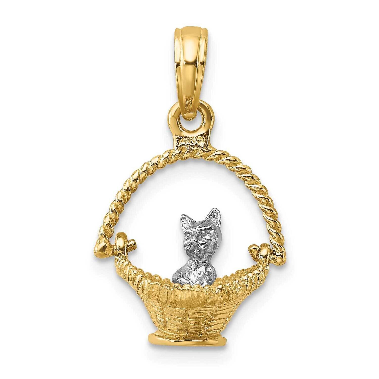 3-D Tiny Cat In Basket Charm 14k Gold Rhodium K9318