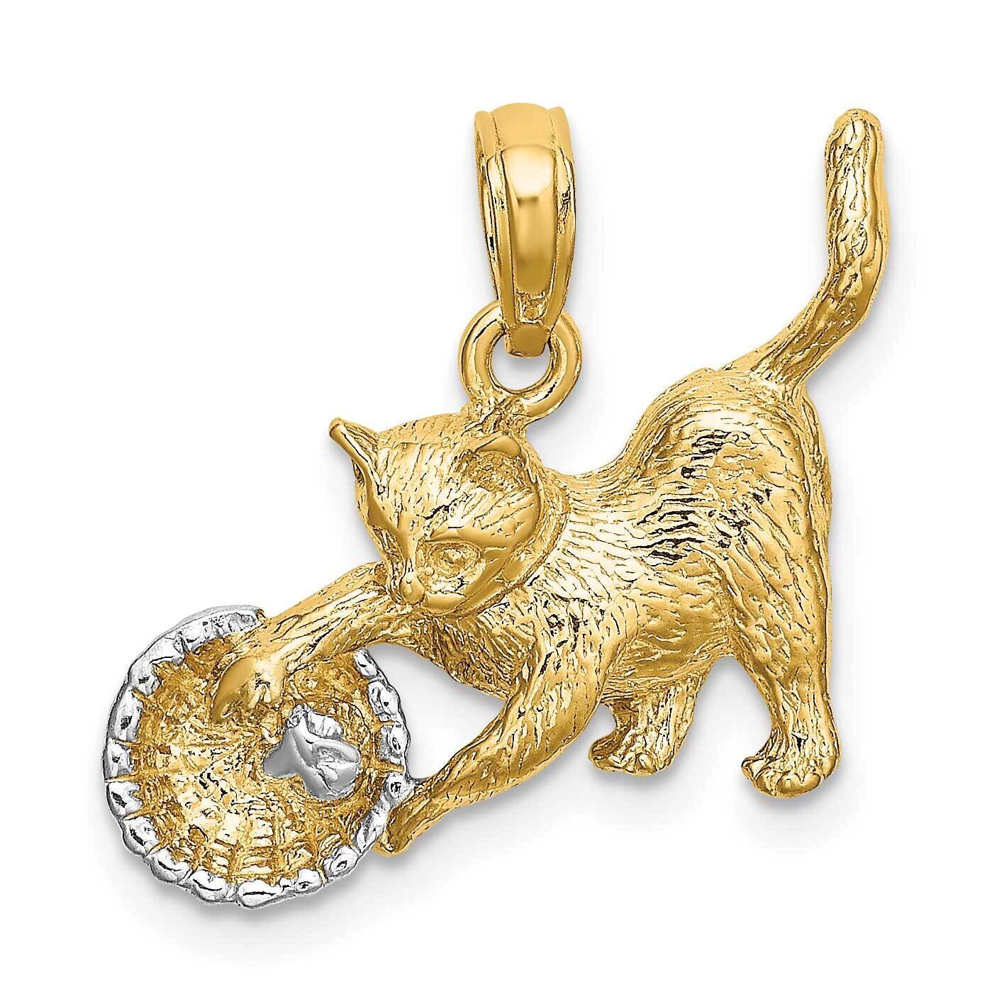 2-D Cat Playing with Yarn In Basket Charm 14k Gold Rhodium K9324