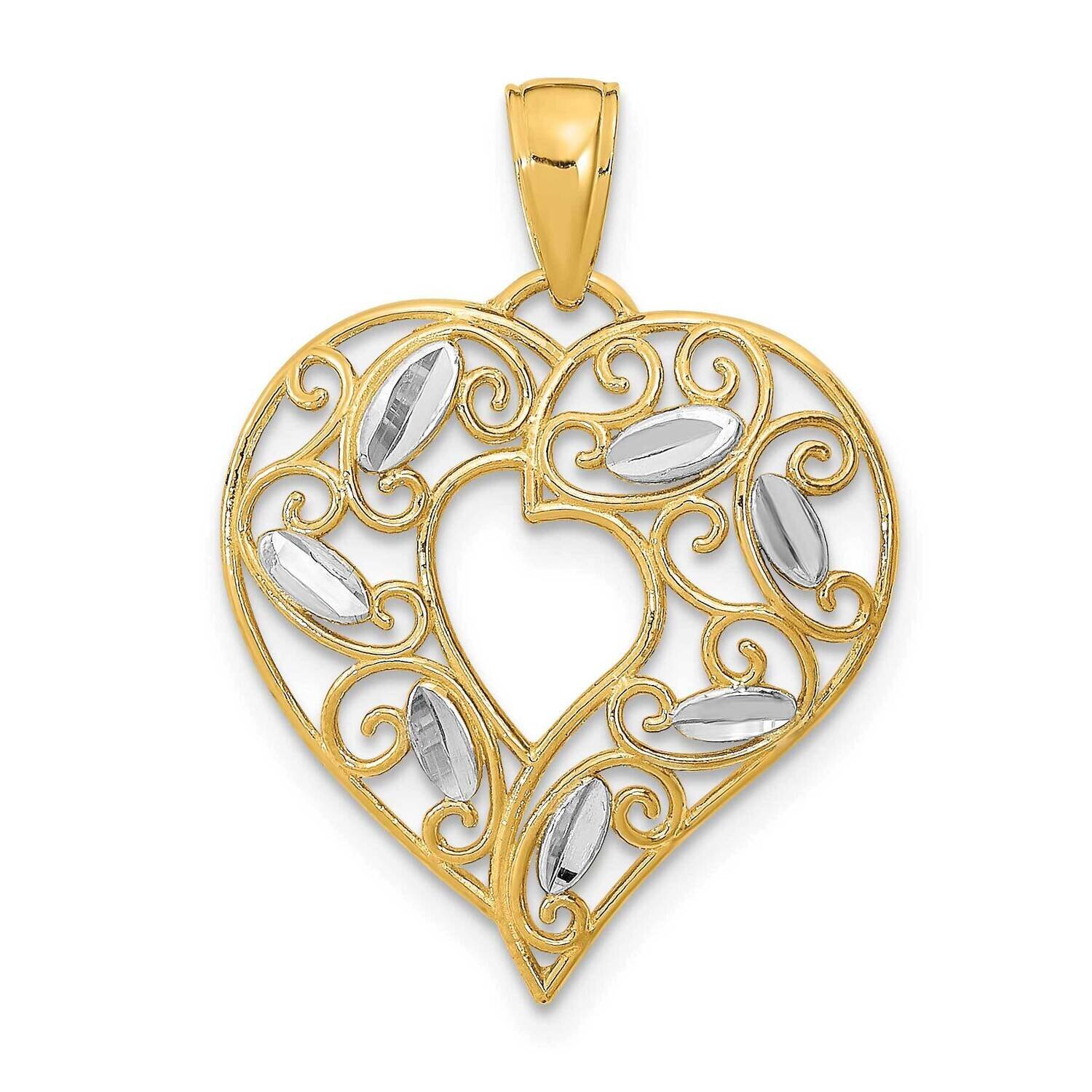 Filigree Heart Charm 14k Gold Rhodium Diamond-cut K9340, MPN: K9340, 637218110650