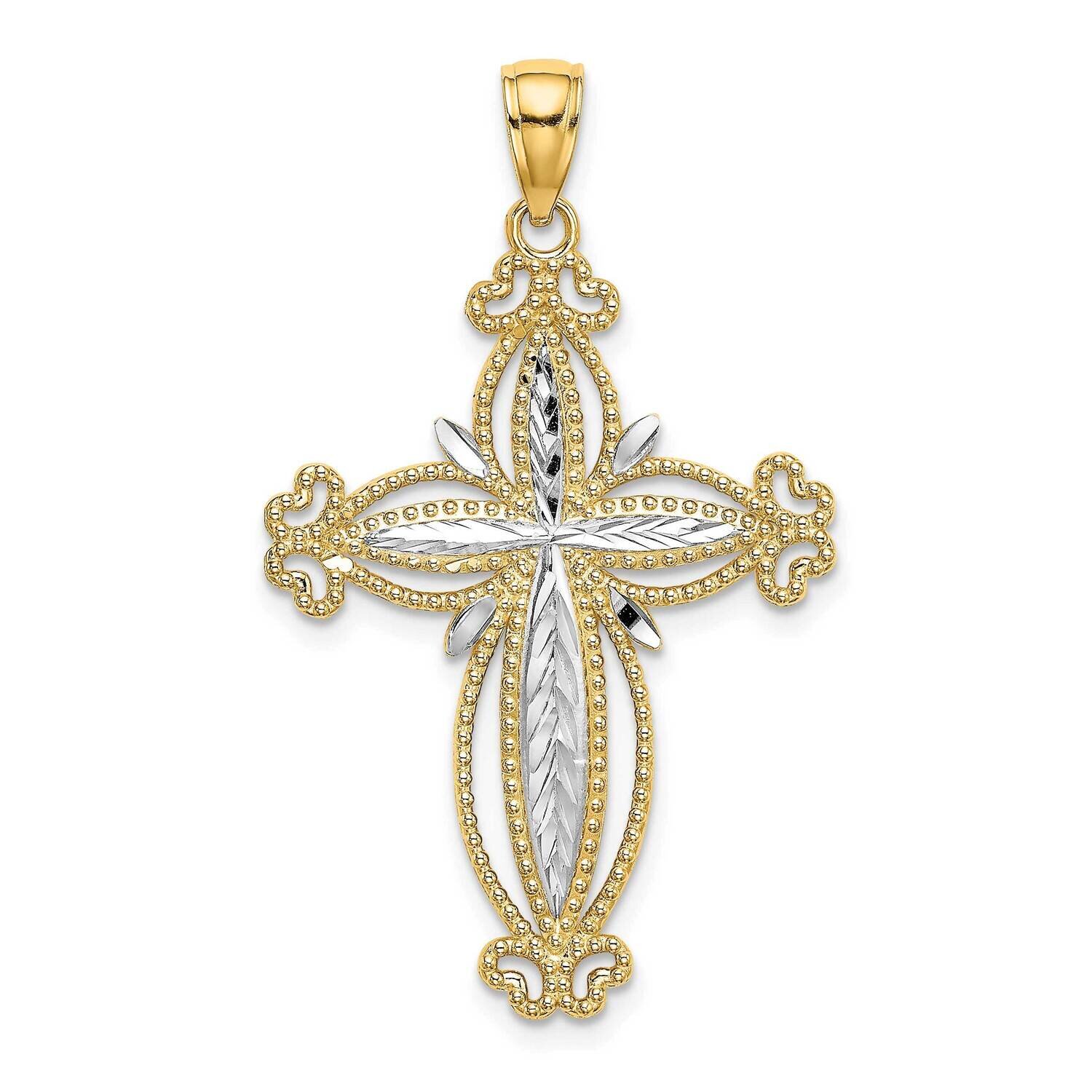 Puffed Cross Charm 14k Gold Rhodium Diamond-cut K9346, MPN: K9346, 637218111145