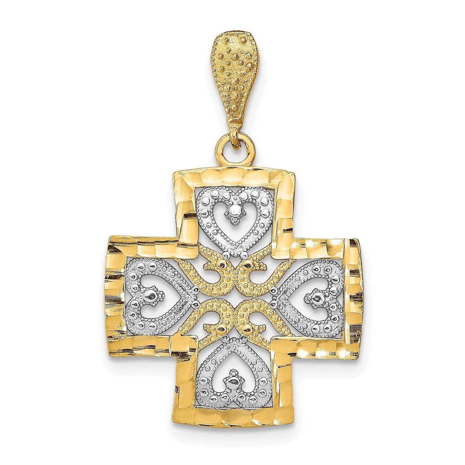 Heart Cross Charm 14k Gold Rhodium Diamond-cut K9347