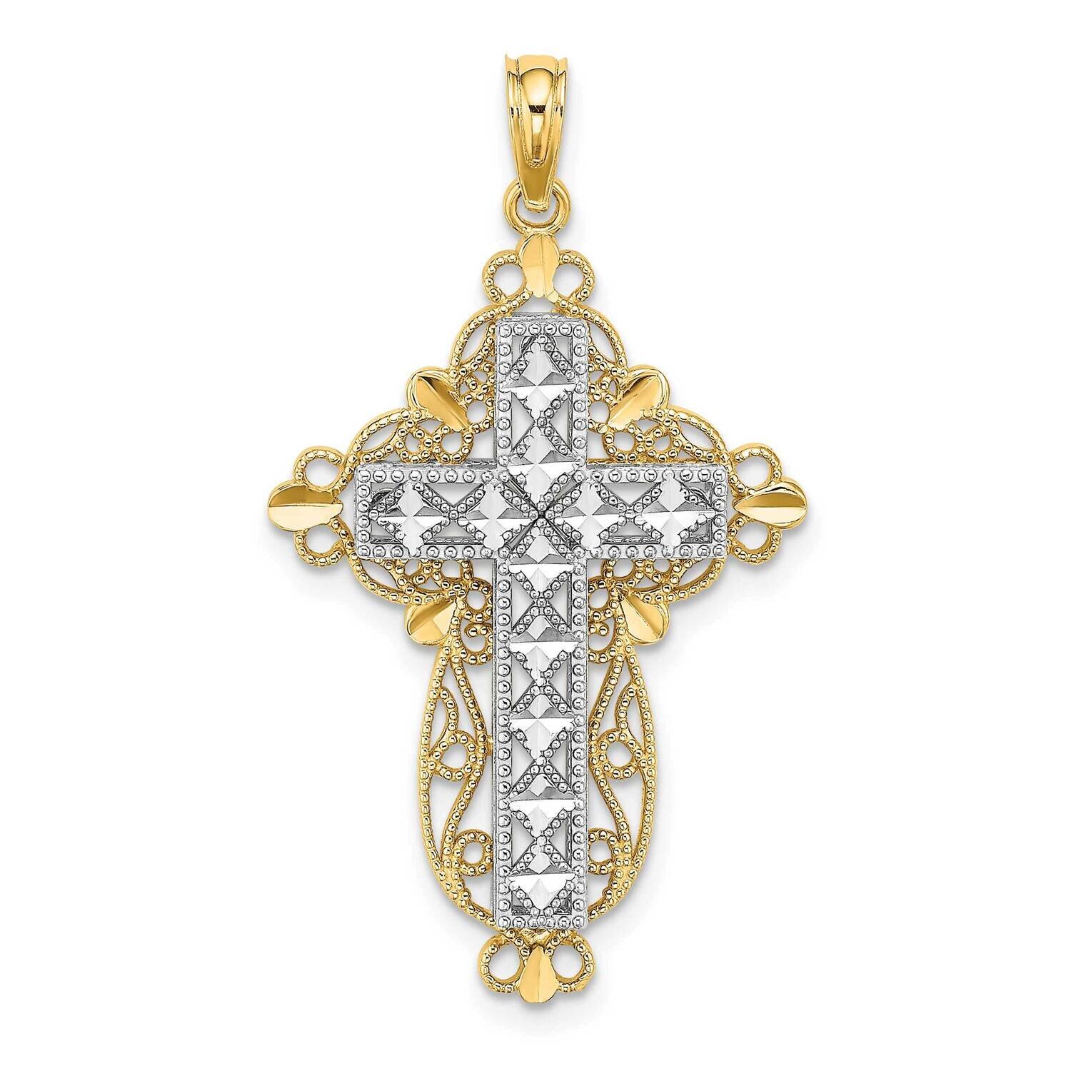 2-D and Filigree Cross Charm 14k Gold Rhodium Diamond-cut K9358, MPN: K9358, 637218157983