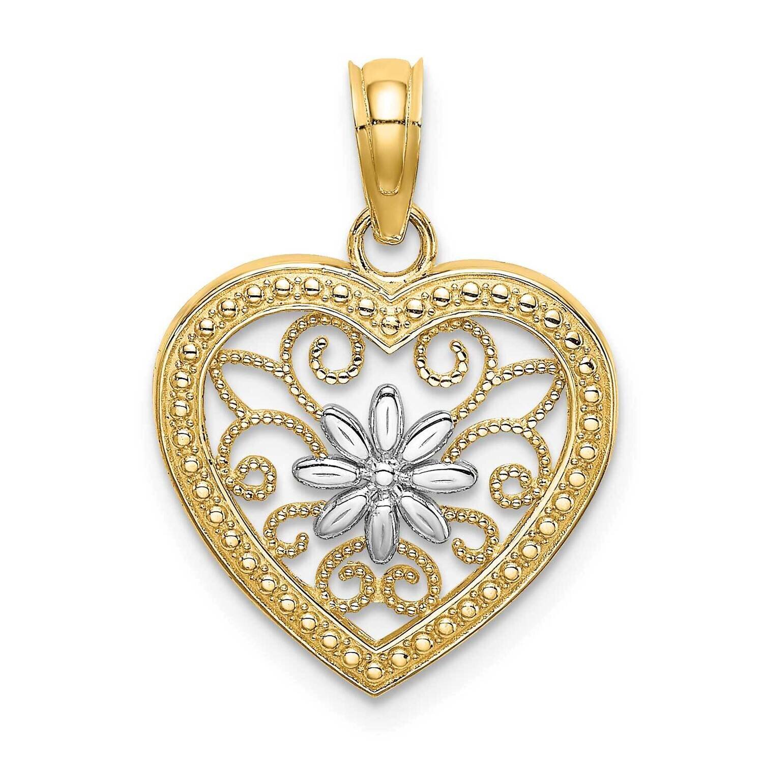Beaded Heart with Rhodium Flower Filigree Charm 14k Gold K9360