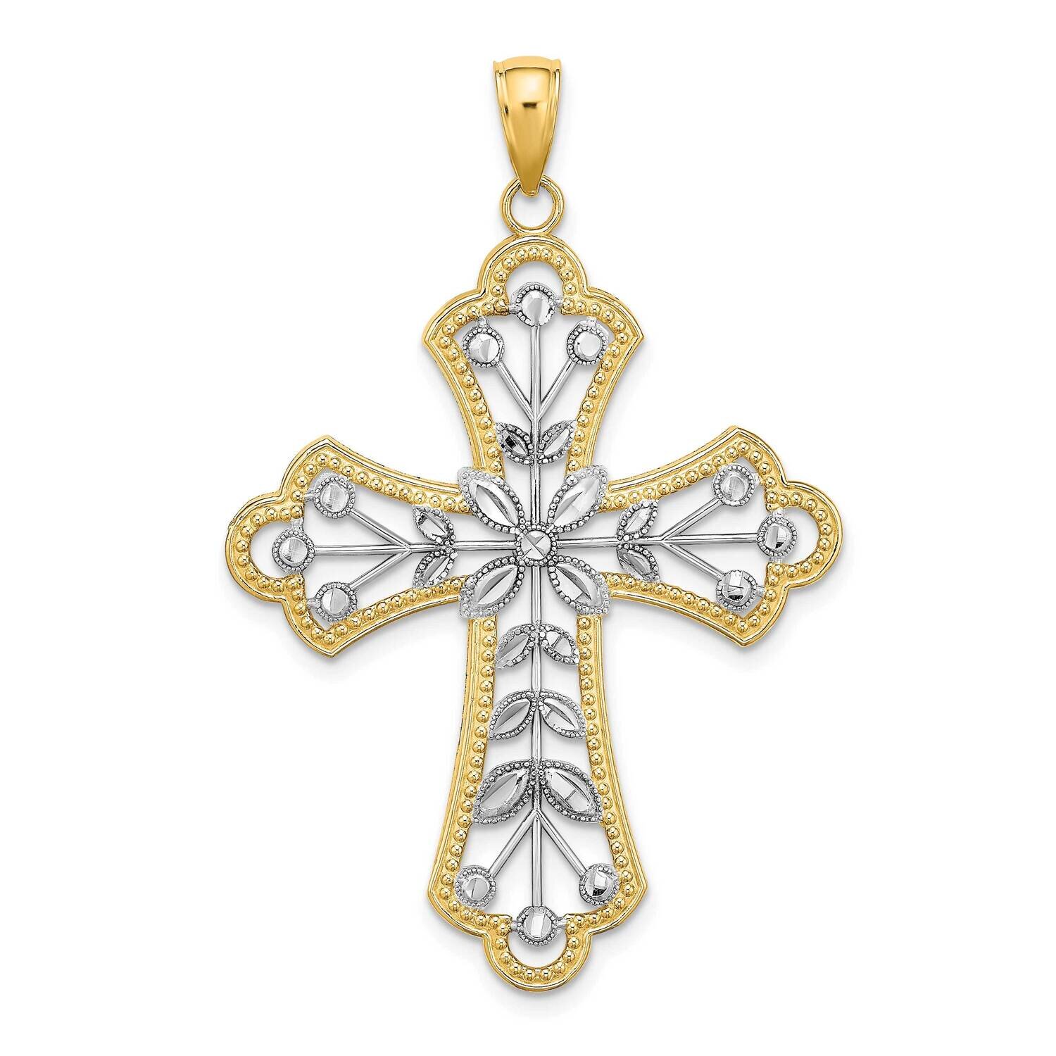 Leaves and Beaded Cross Charm 14k Gold Rhodium Diamond-cut K9367, MPN: K9367, 637218131686