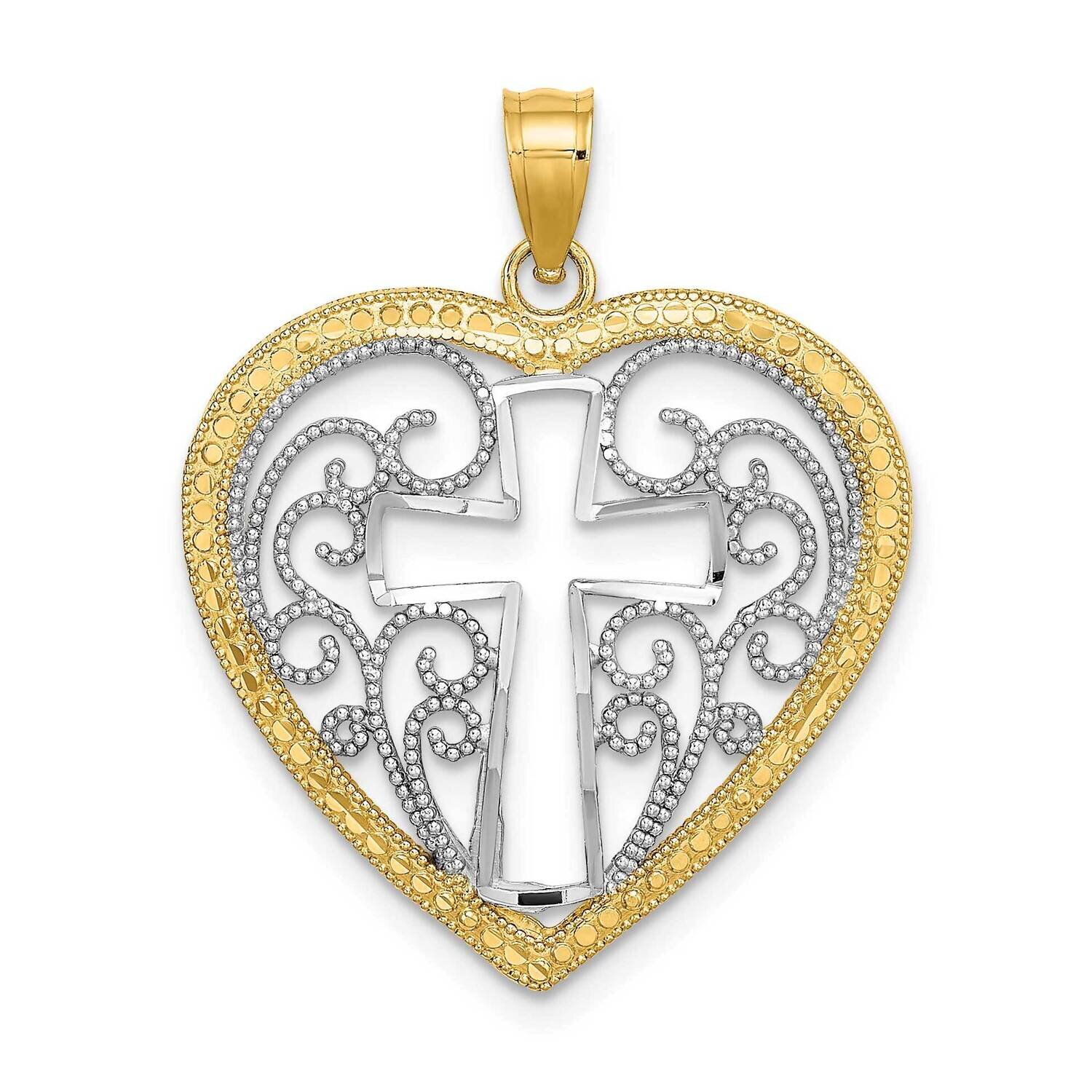 Cut-Out Beaded Filigree Heart with Cross Charm 14k Gold Rhodium K9411, MPN: K9411, 637218135707