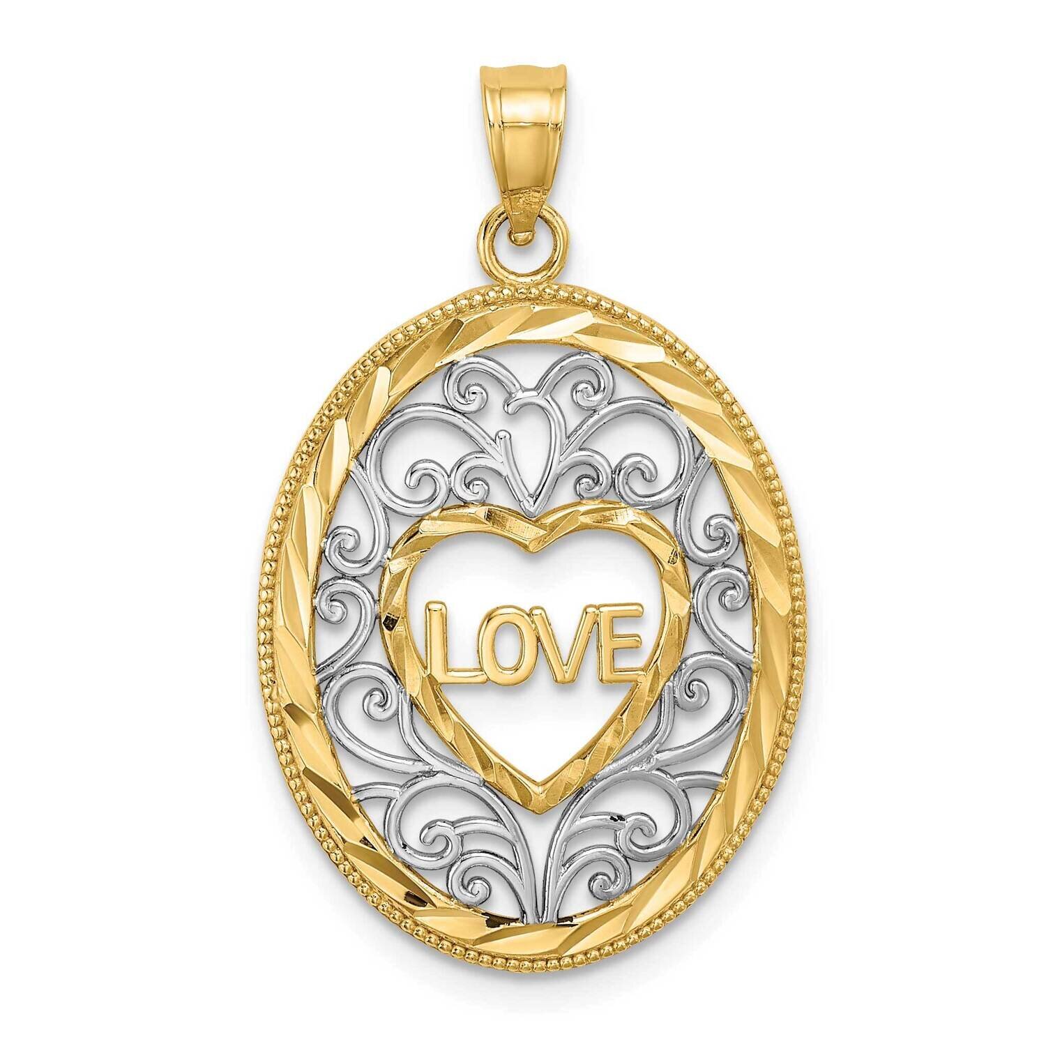 Love with Filligree Accent Inside Oval Frame Charm 14k Gold Rhodium K9458, MPN: K9458, 637218138012