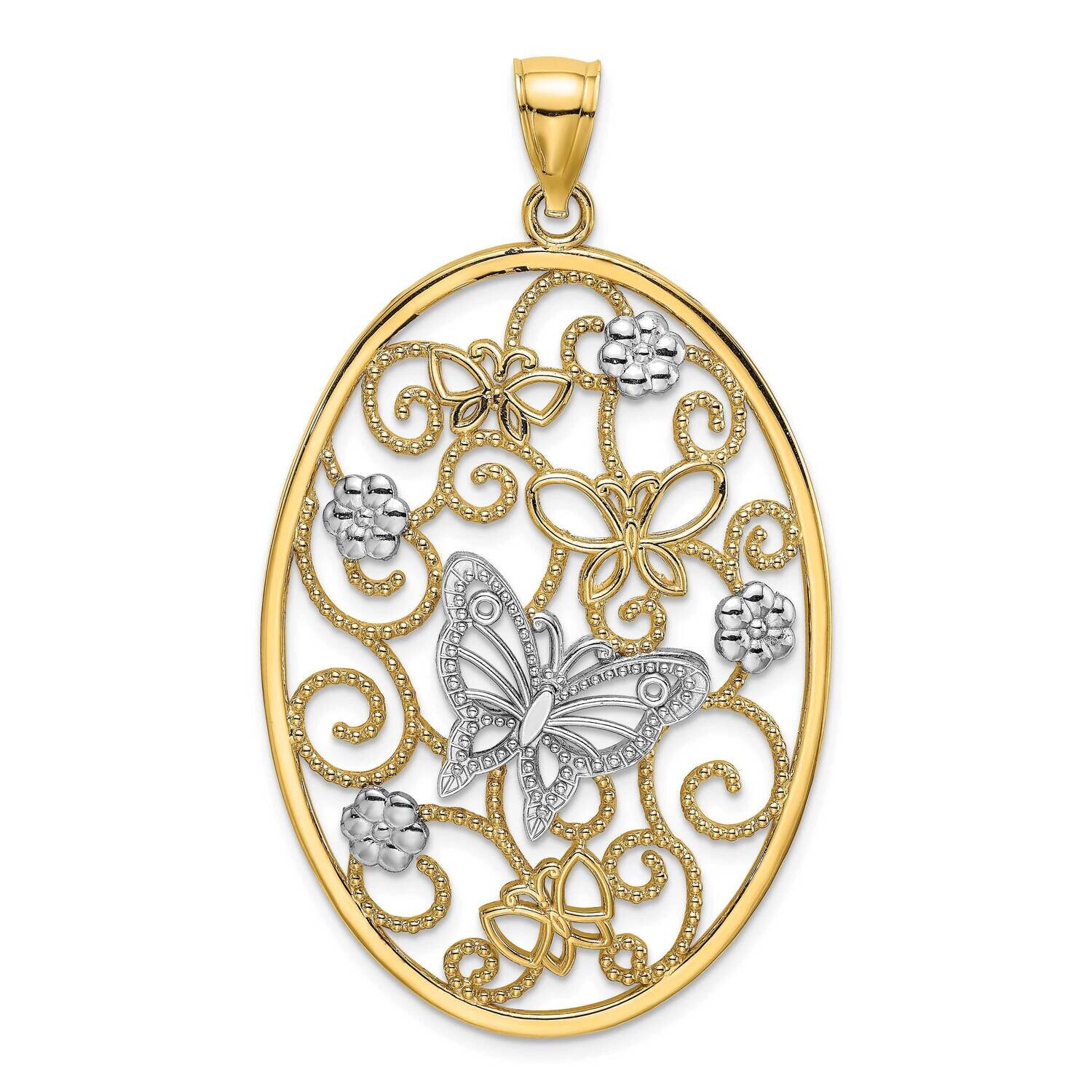 Rh Butterfly Flower Cluster In Oval Frame Charm 14k Gold K9522, MPN: K9522, 637218152162