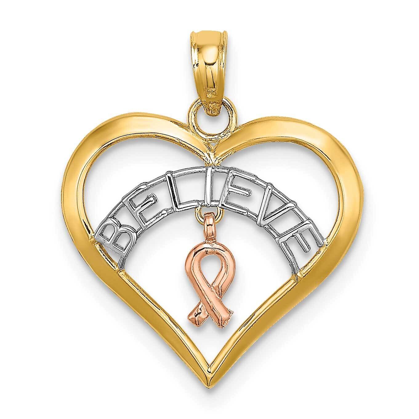 Tri-Colored Belive In Heart with Breast Cancer Ribbon 14k Gold K9551