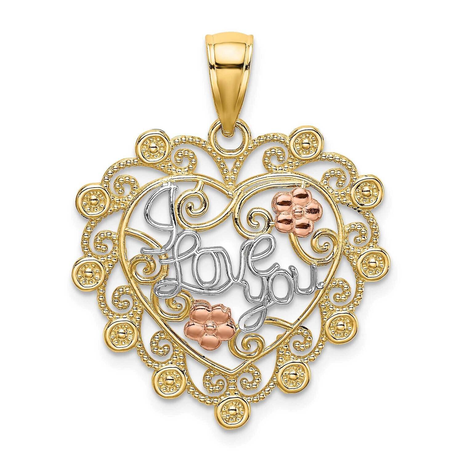 I Love You In Filligree Heart Flower Charm 14k Tri-Color Gold K9560, MPN: K9560, 637218166961