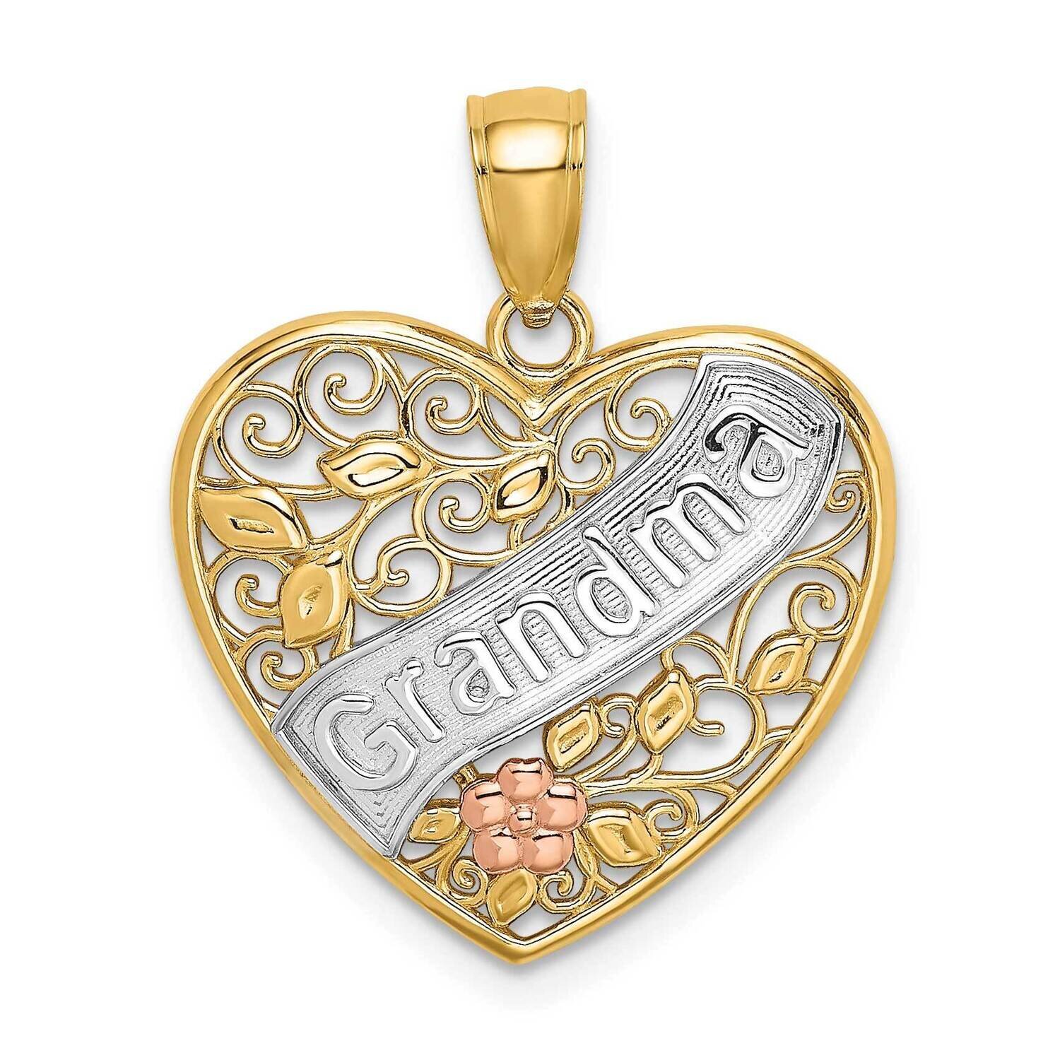 Grandma In Filigree Heart with Flowers Charm 14k Tri-Color Gold K9561, MPN: K9561, 637218166978