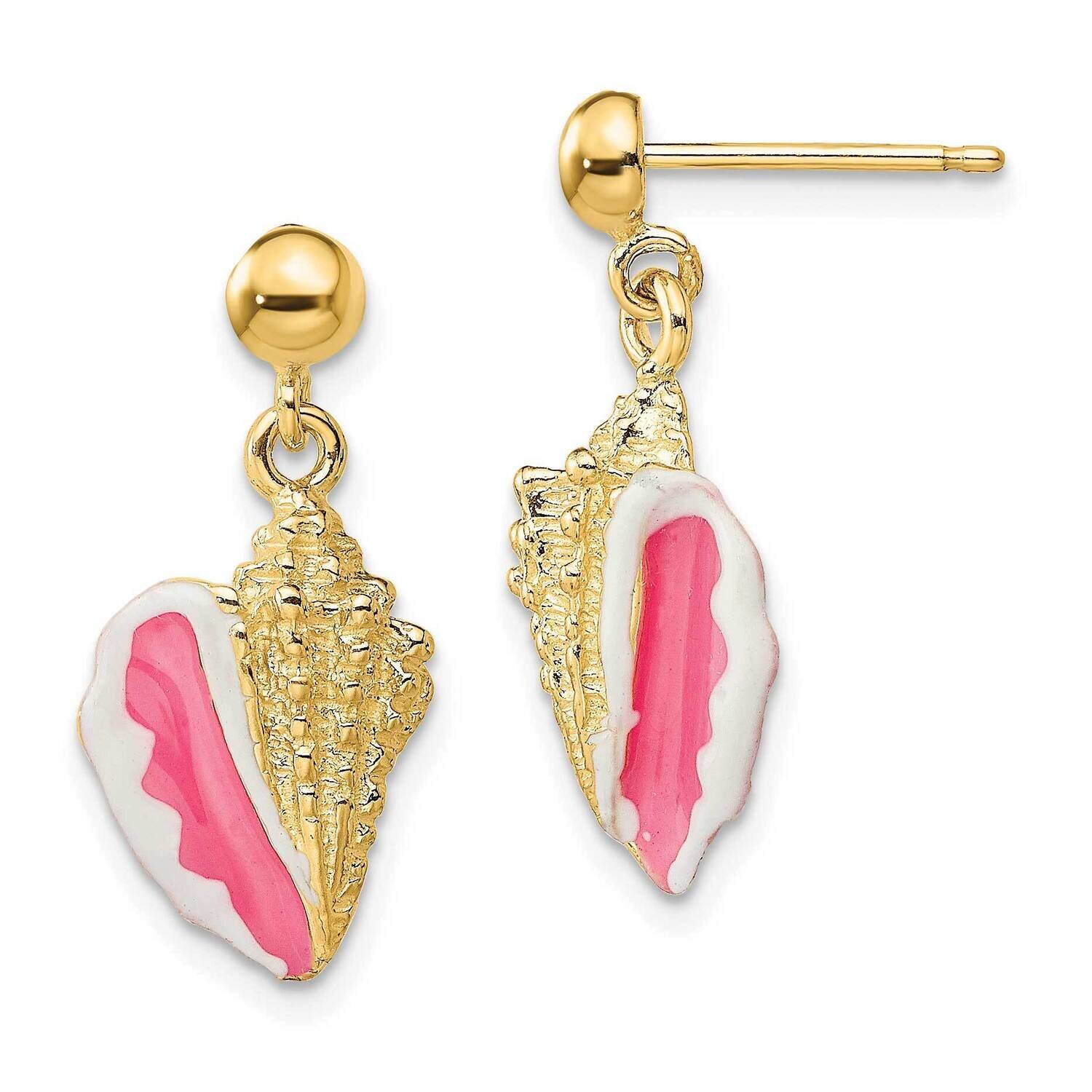 White Pink Enamel Conch Shell Dangle Earrings 14k Gold TE678