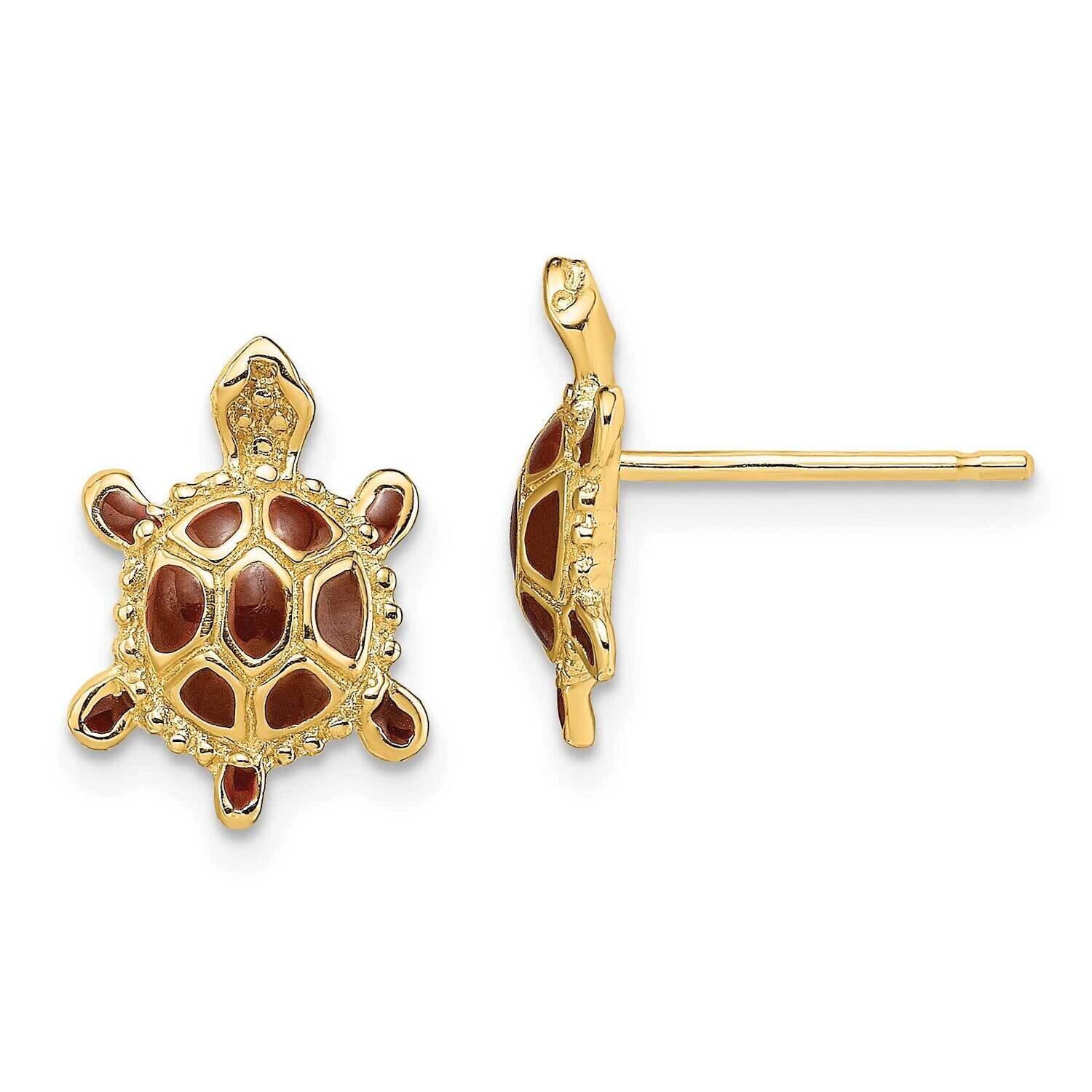 Sea Turtle with Spiny Brown Enamel Shell Earrings 14k Gold TE679