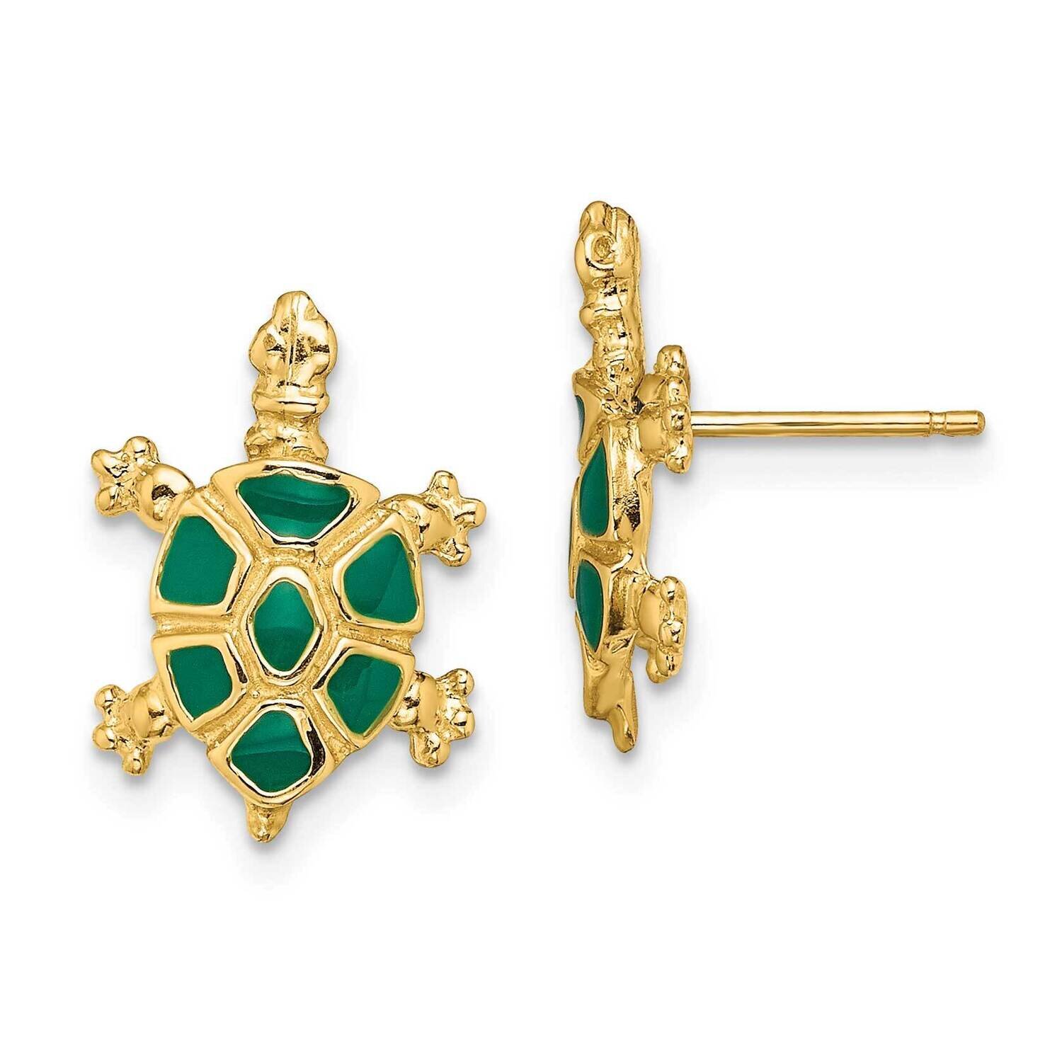 Land Turtle with Green Enamel Shell Earring 14k Gold TE685, MPN: TE685, 637218113200