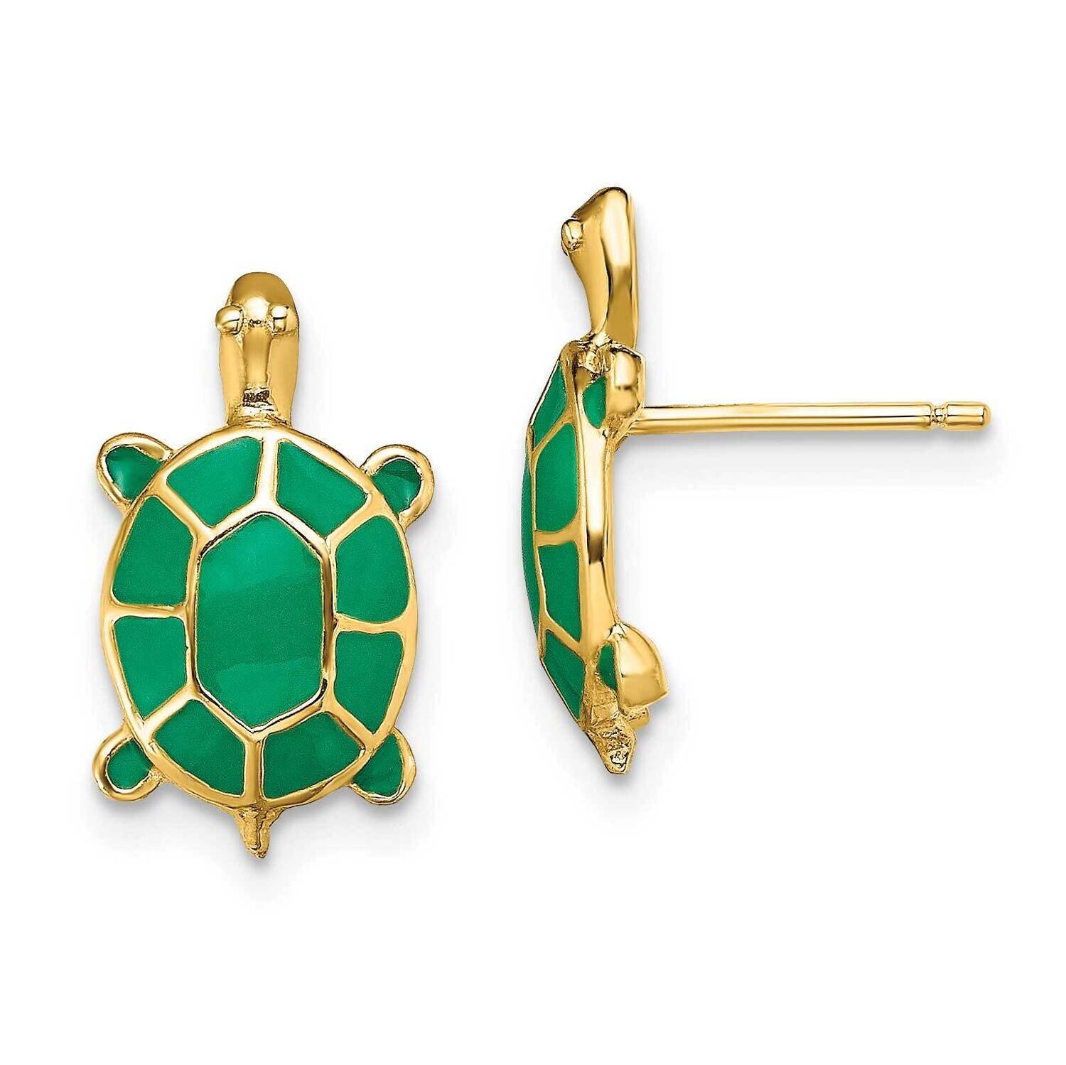 Land Turtle with Green Enamel Shell Earring 14k Gold TE687