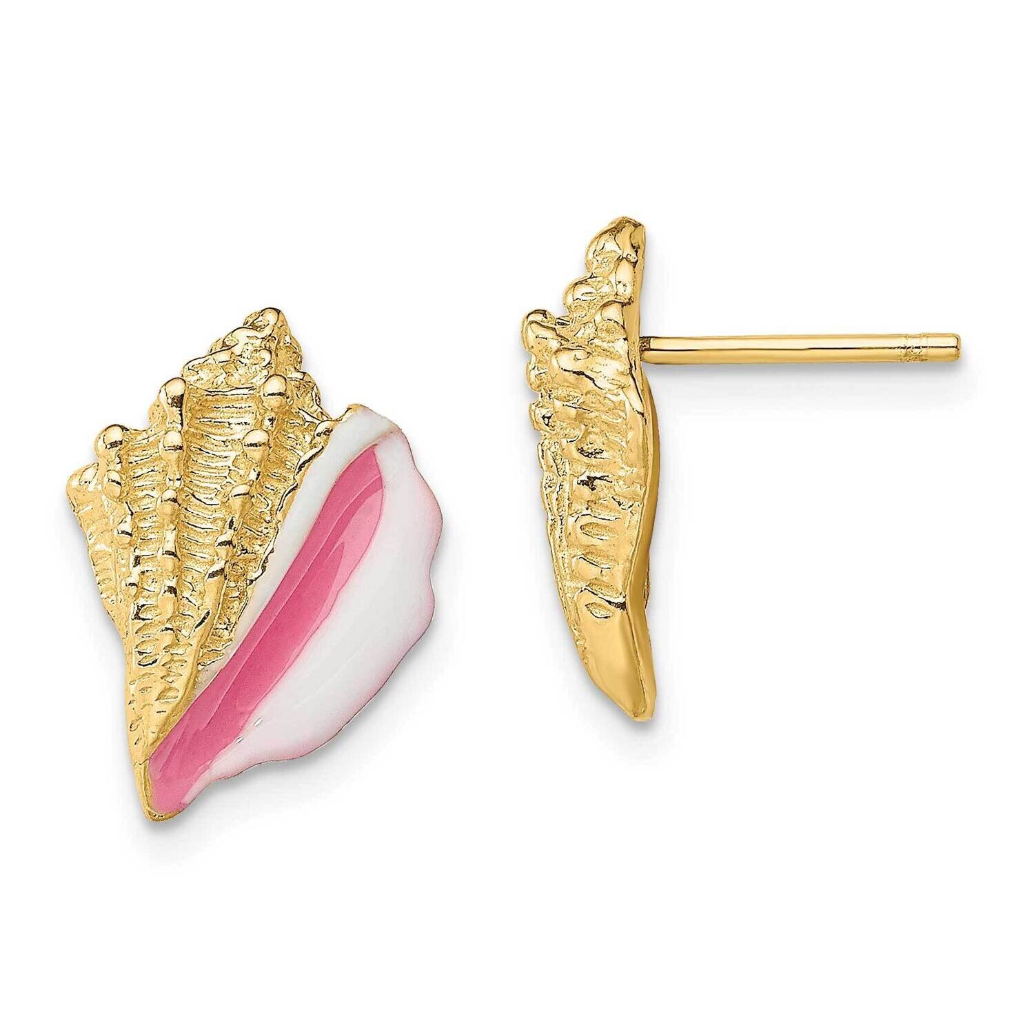 White Pink Enamel Conch Shell Post Earrings 14k Gold TE688