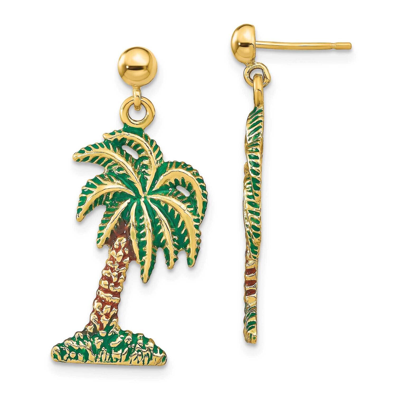 Palm Tree Dangle Earrings 14k Gold Enamel TE700, MPN: TE700, 637218128921