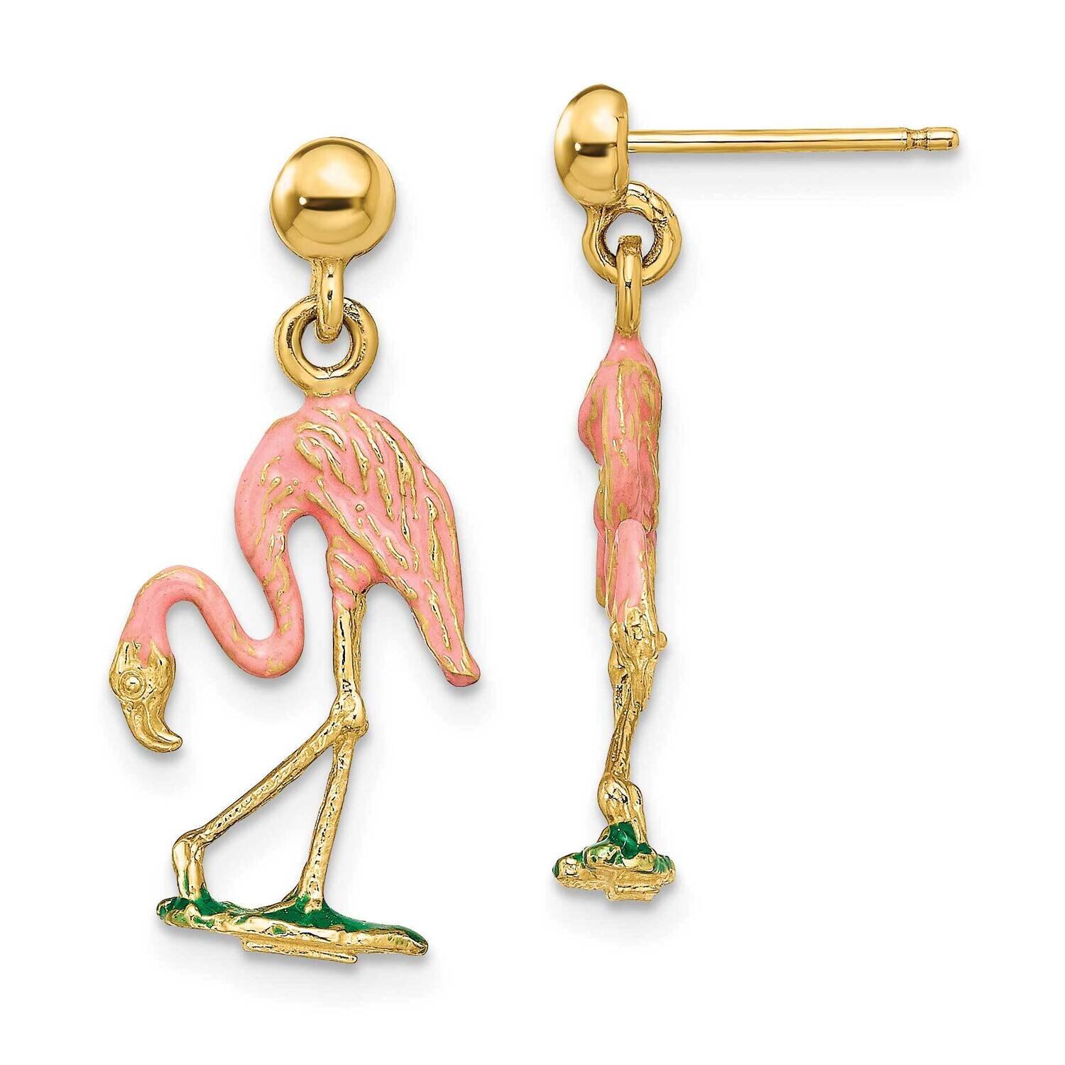 3-D Flamingo Dangle Earrings 14k Gold Enamel TE701