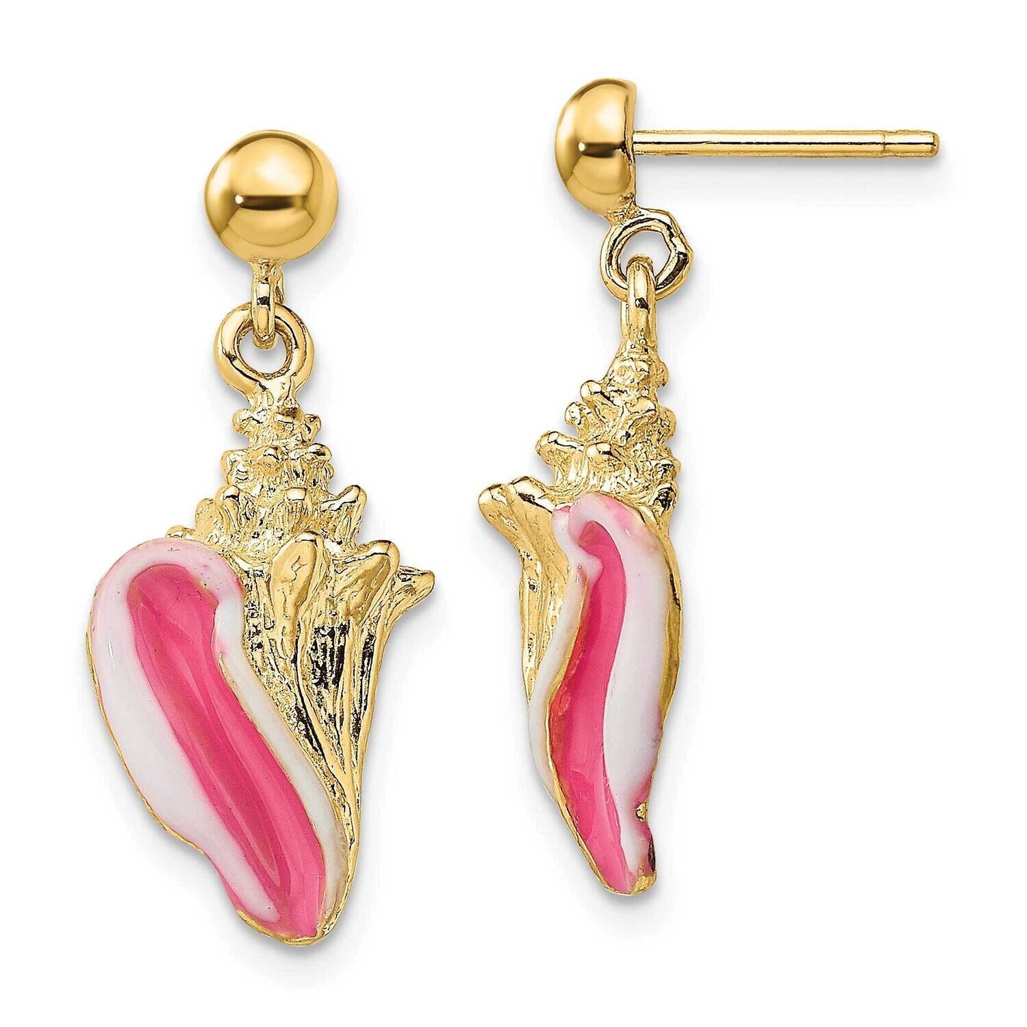White Pink Enamel Conch Shell Dangle Earrings 14k Gold TE703