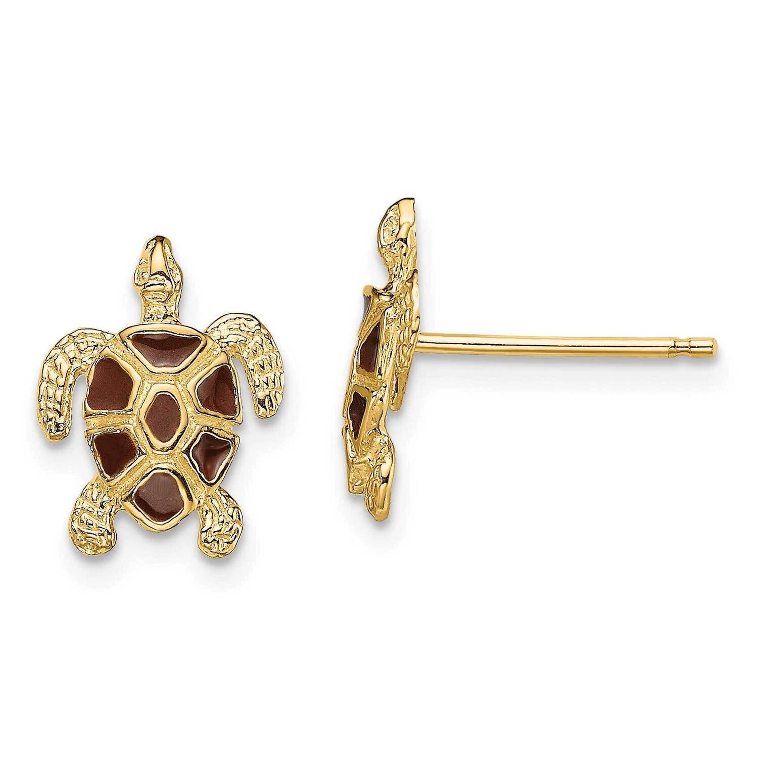 Sea Turtle Post Earring with Brown Enamel Shell Textured 14k Gold TE705, MPN: TE705, 637218121632