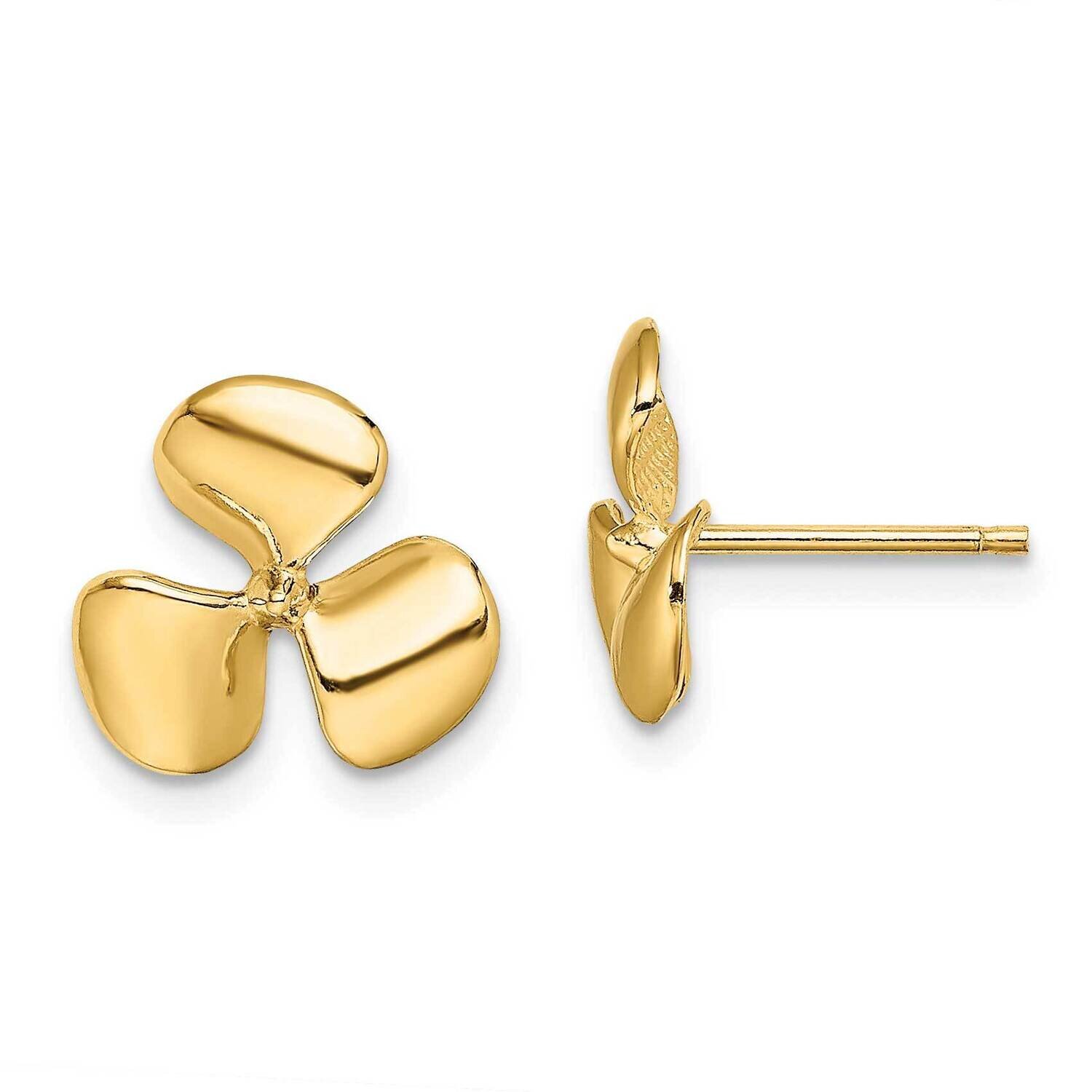 Three Blade Propeller with Center Bead Post Earrings 14k Gold Polished TE747